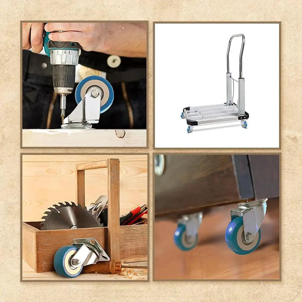 12 Pack Swivel Plate Caster Wheels With 50mm Plate Blue Polyurethane Wheels installed on carts and furniture, in use with tools.