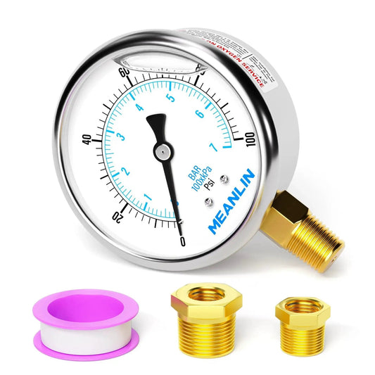 Stainless Steel Liquid Filled Pressure Gauge With 2.5 Inch Dial Face, 0 To 100 Psi And 0 To 0.7 MPa, Lower Mount, 1/4 Inch NPT Connection