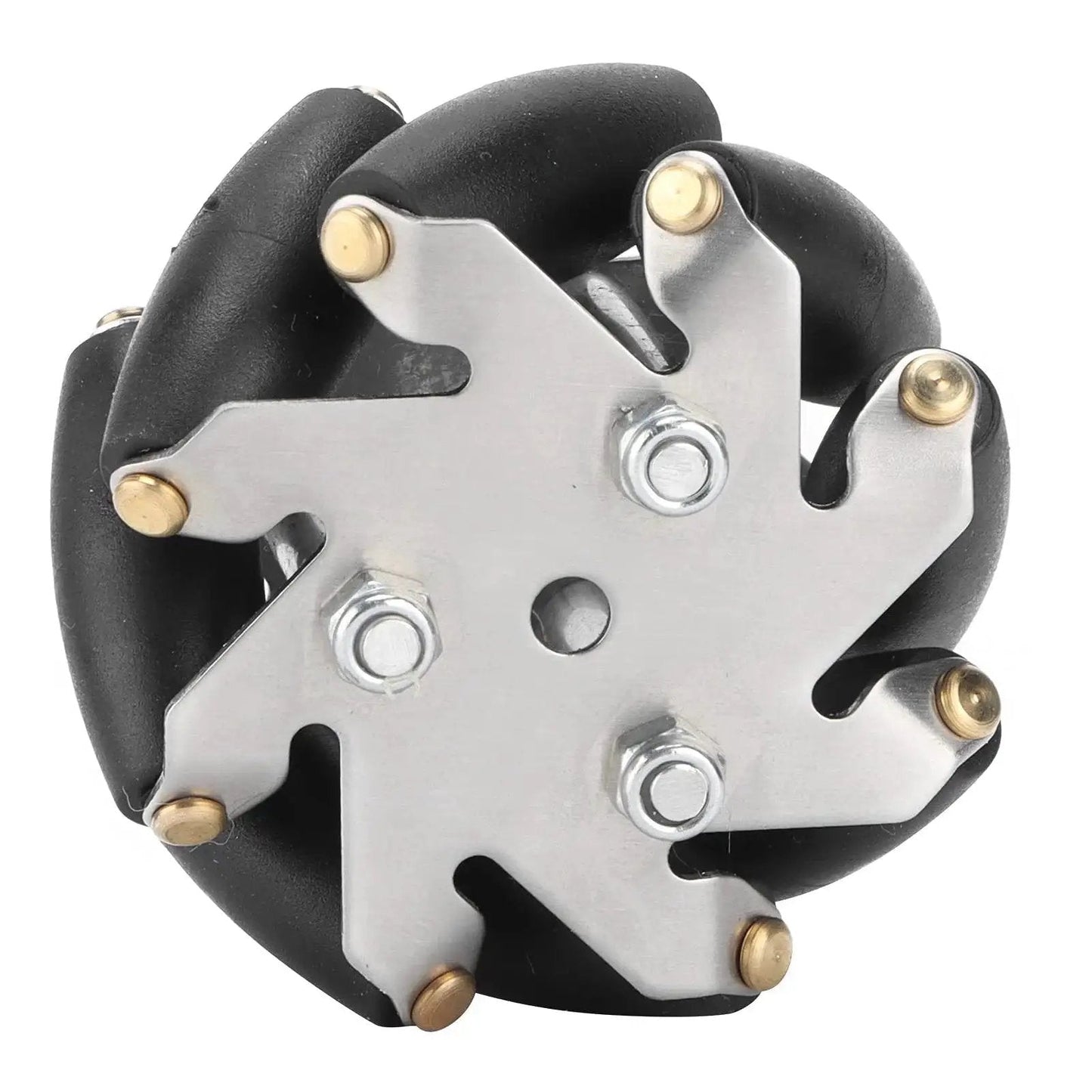 Close-up of Four Pack 48mm Steel Mecanum Wheels Set with TPR rollers, omni-directional drive, for robot and RC car projects.