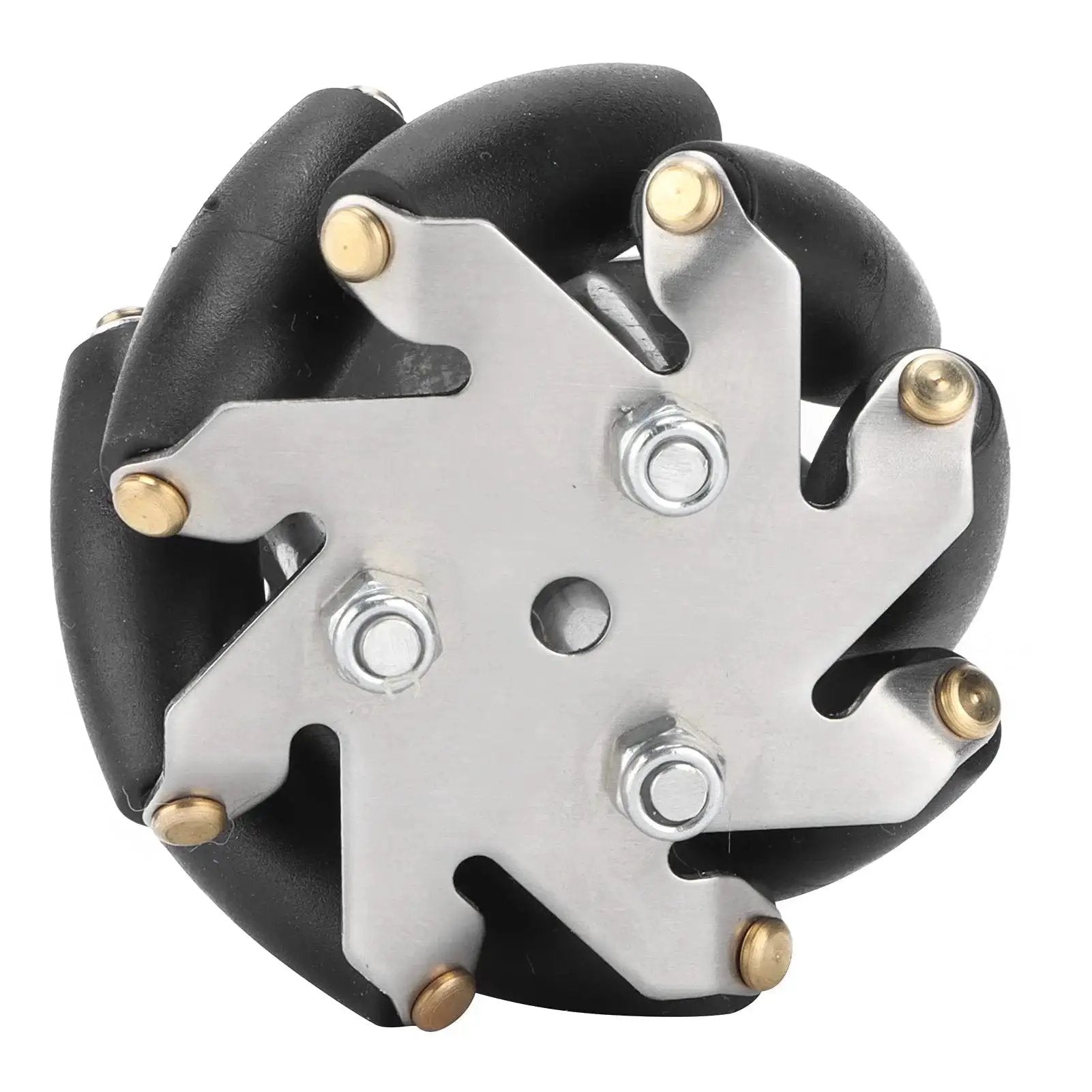 Close-up of Four Pack 48mm Steel Mecanum Wheels Set with TPR rollers, omni-directional drive, for robot and RC car projects.