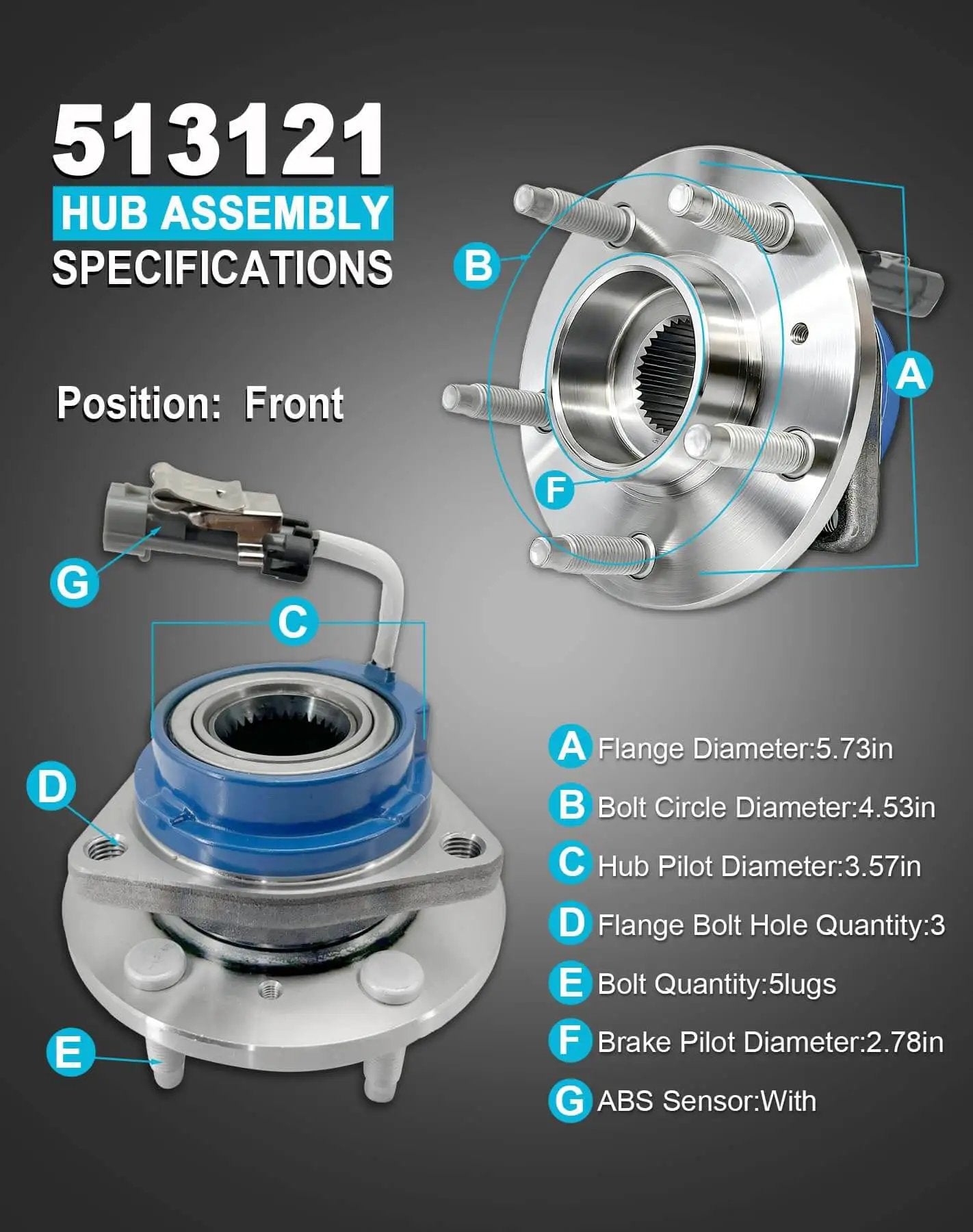 Diagram of 2-Pack Sealed Front Wheel Hub Bearing Assembly 513121 5-Lug w/ ABS, showing key dimensions and features for installation.