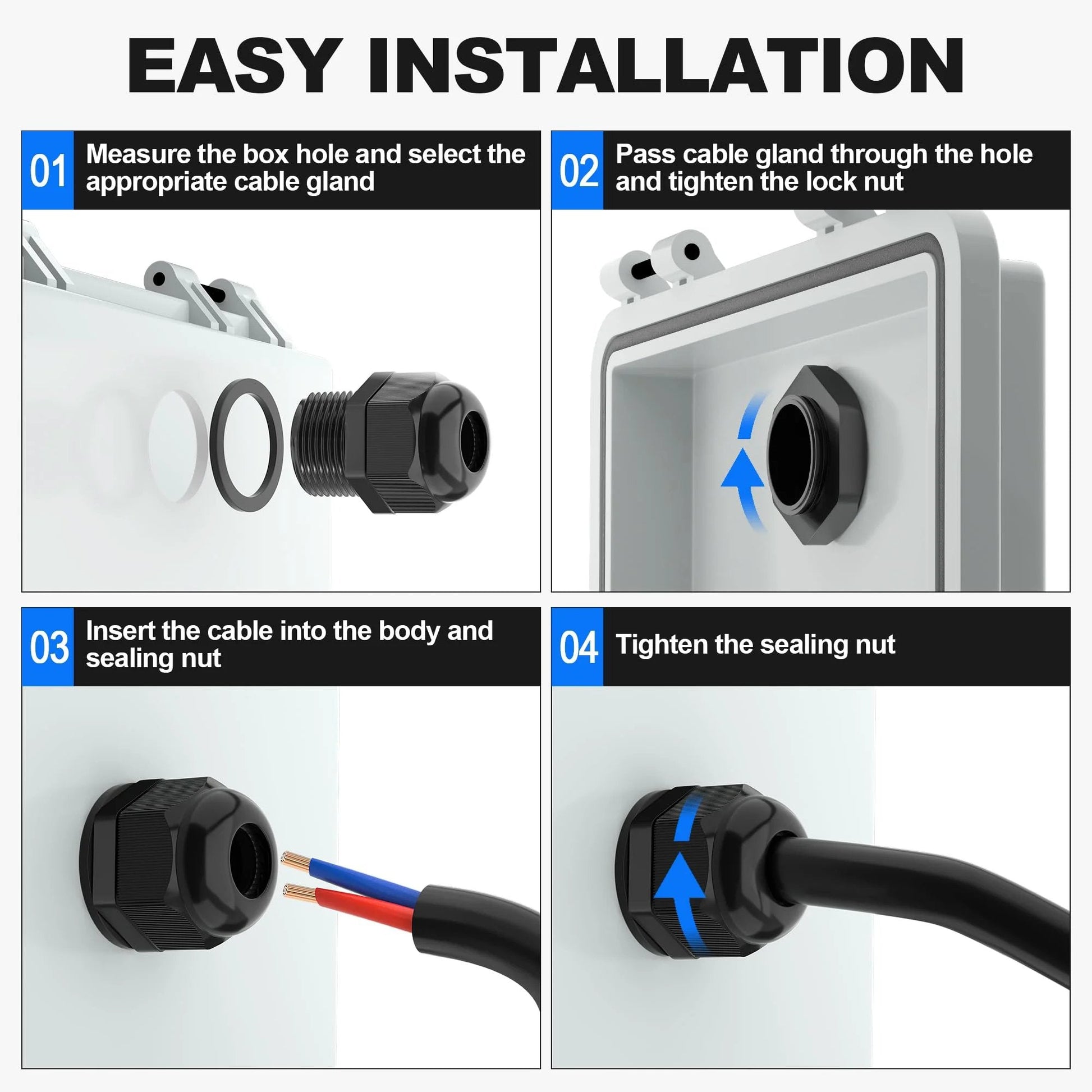 Installation steps for 72 Piece Cable Glands Kit Waterproof Strain Relief Cord Grip Weatherproof Pass Through PG7 with cables