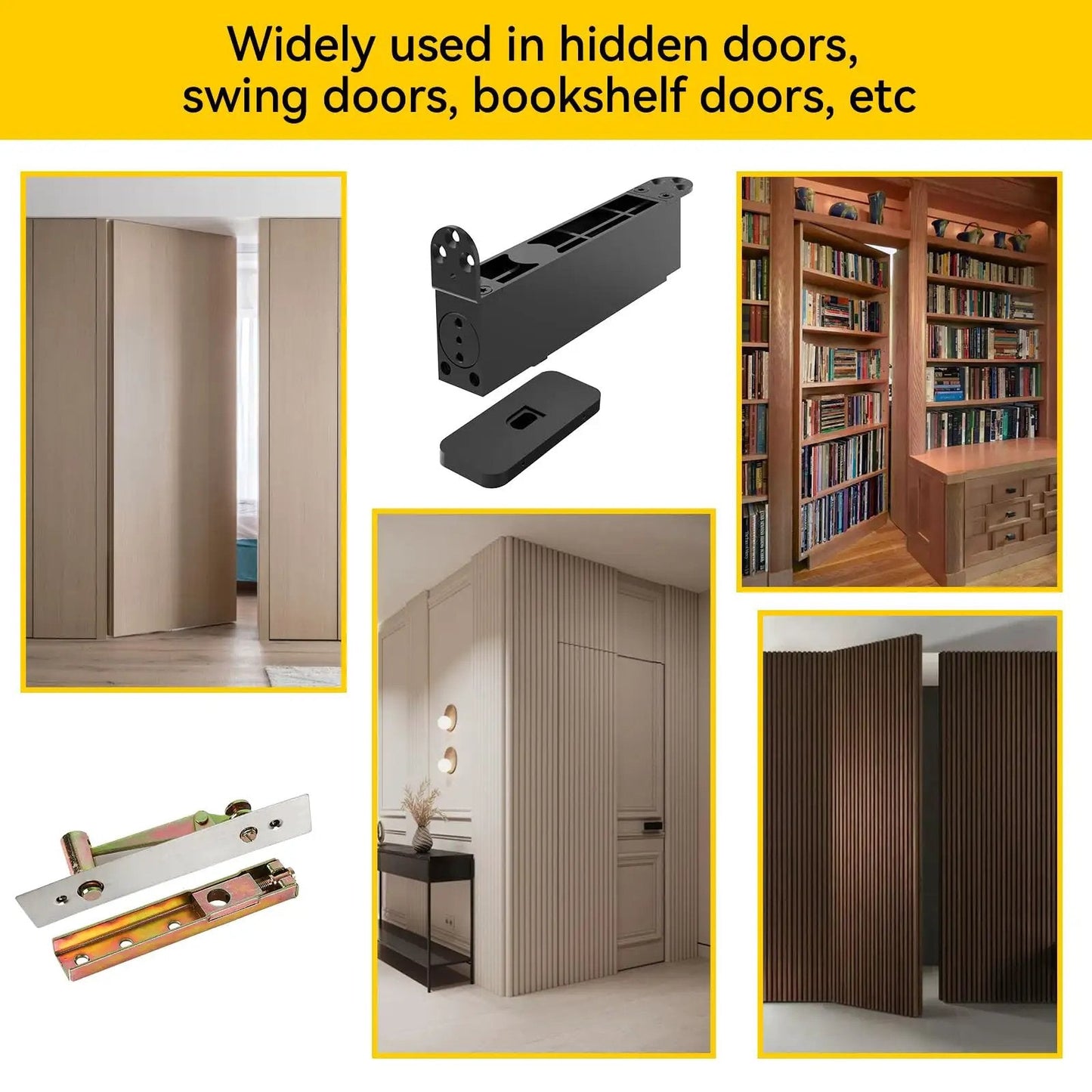 Self Closing Concealed Door Pivot Hinges Heavy Duty Spring Hydraulic 360 Degree Rotation Stainless Steel Invisible Hidden Door Hinge System For Wooden Secret Doors Adjustable Speed Supports Up To 220 Lbs displayed in various applications including hidden and bookshelf doors.