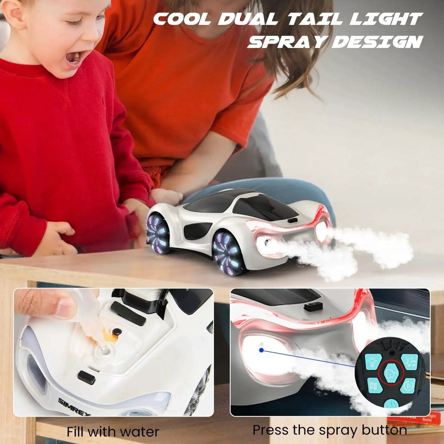 Gesture Sensing Remote Control Car with lit LED light show, spray mist feature, and dual control, on a wooden surface.