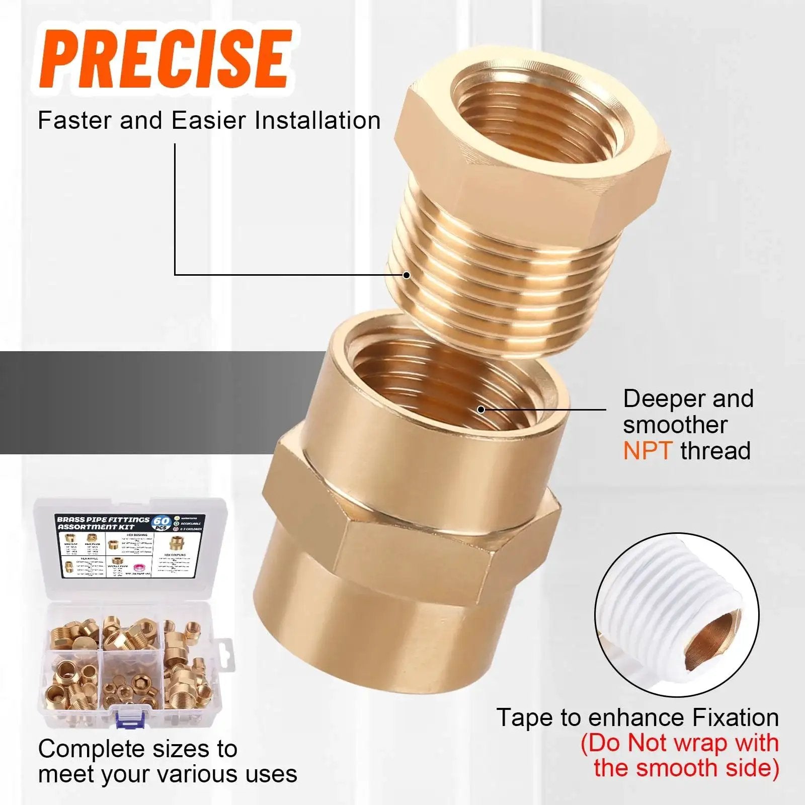 60 Pieces Brass Pipe Fittings Assortment Kit With NPT Male Hex Nipples NPT Hex Bushings Reducing Hex Couplings Hex Head Plugs End Caps Socket Plugs And Teflon Tape For DIY Home Plumbing Projects Value Pack Pro Grade shown with precise threading detail and Teflon tape.