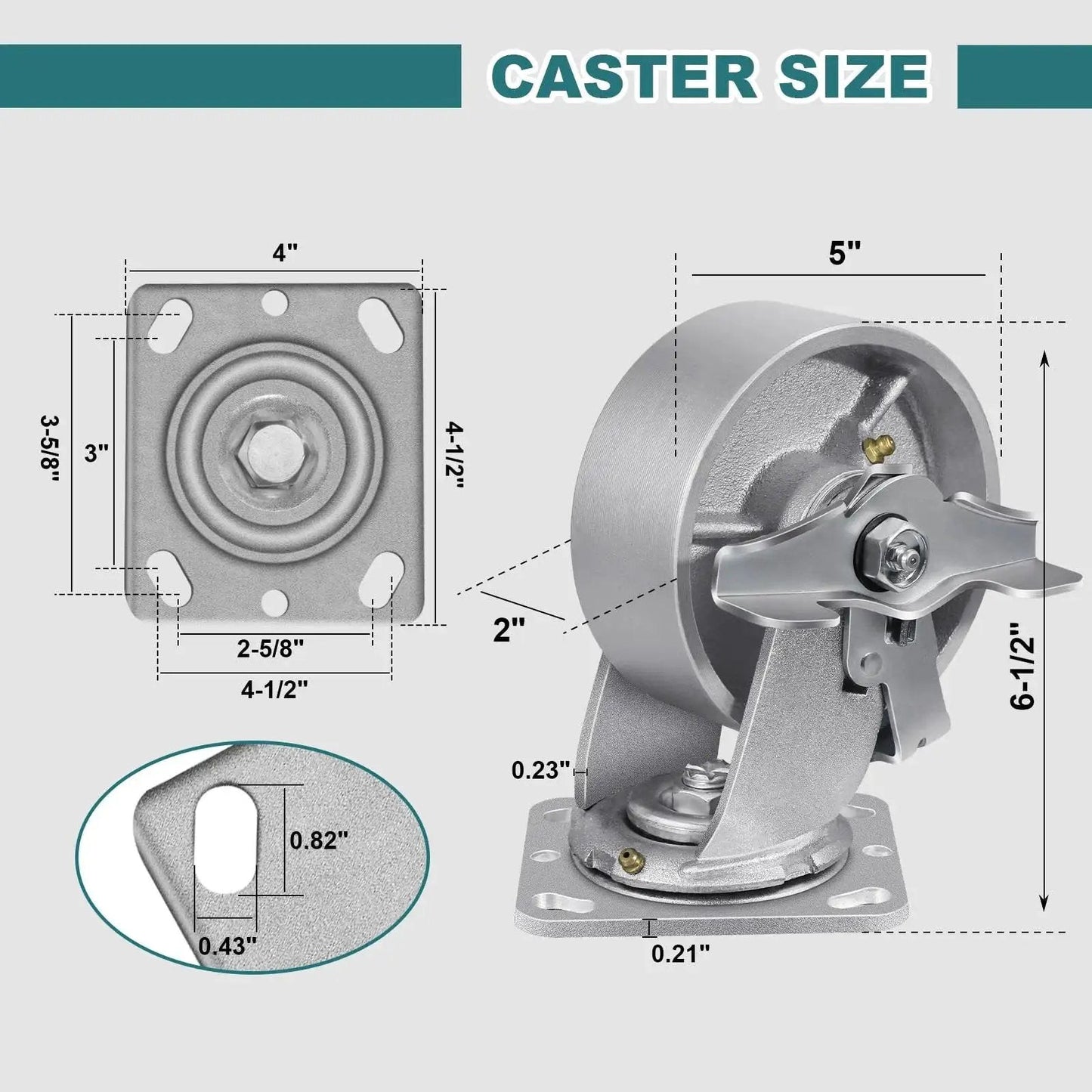 Dimensions of Heavy Duty Industrial Caster Wheels Set 5 Inch By 2 Inch Cast Iron Hubs With Roller Bearings 4000 LB Capacity