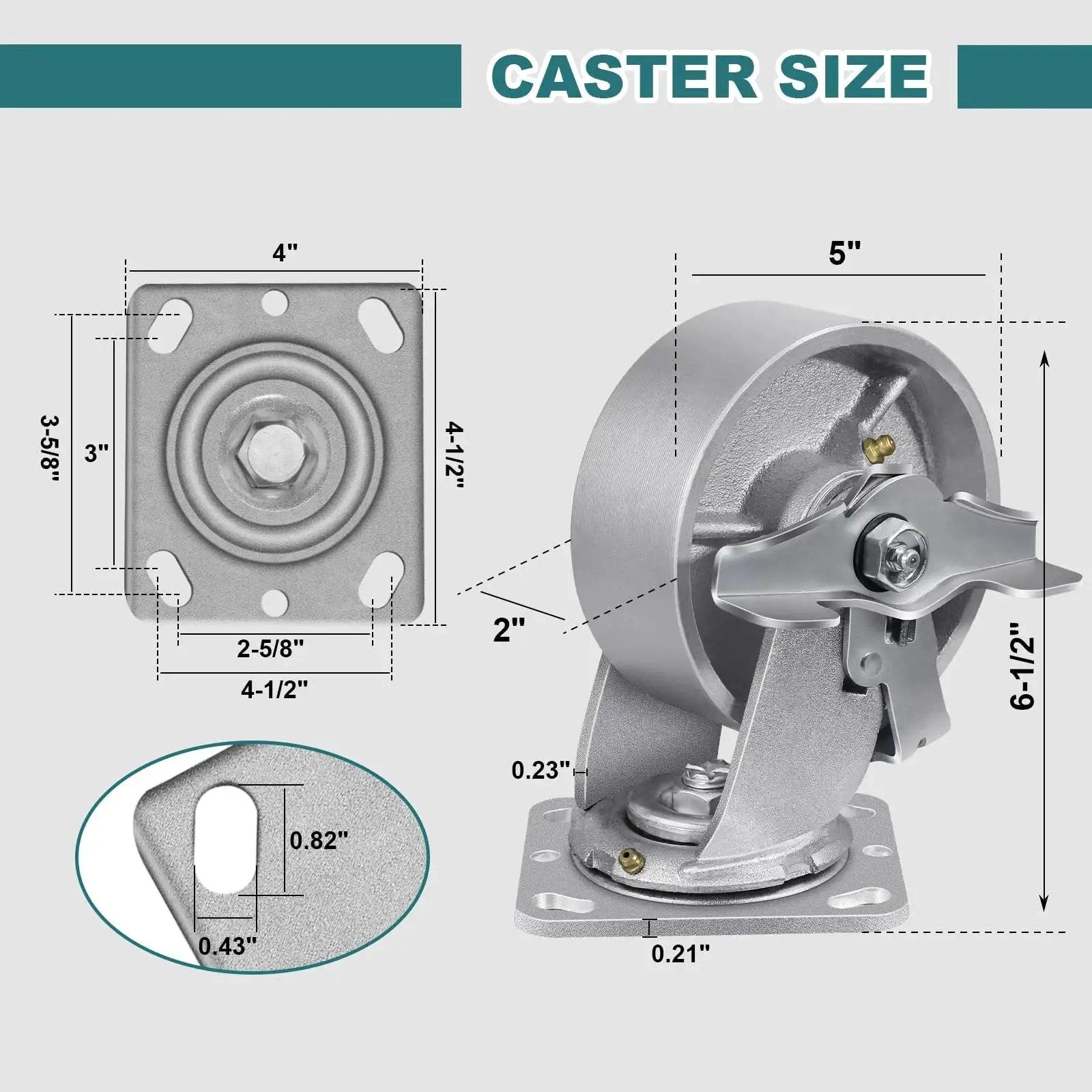 Dimensions of Heavy Duty Industrial Caster Wheels Set 5 Inch By 2 Inch Cast Iron Hubs With Roller Bearings 4000 LB Capacity