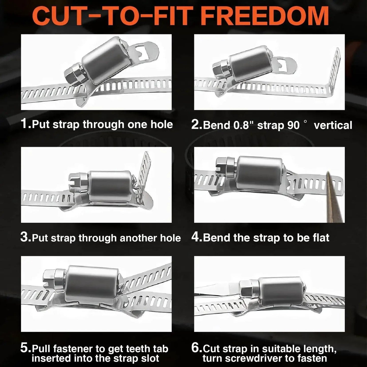 Cut-to-fit instructions for Pro Grade 185 Piece 304 Stainless Steel Anti Rust Hose Clamp Kit showing six assembly steps.