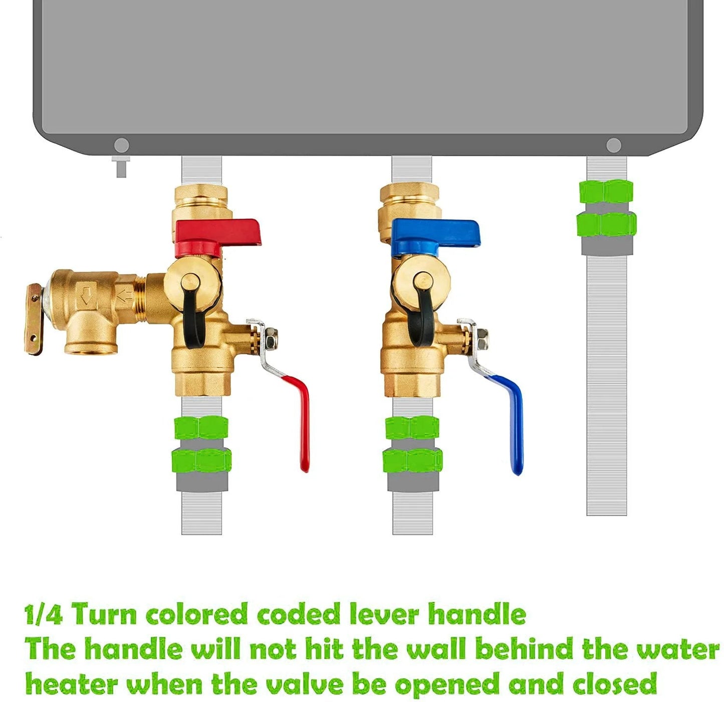 Tankless Water Heater Isolation Valve Kit 3/4 Inch NPT With Hot And Cold Full Port Valves, Integrated Drain Valve, Brass Safety Cap