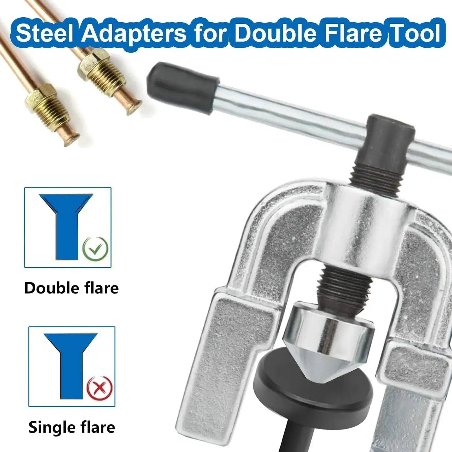 Brake Line Double Flare Adapters Set 3/16 And 1/4 Inch With Flare Dies showing steel adapters and copper tubing