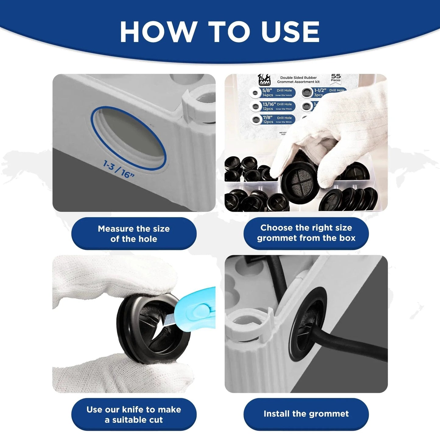 Guide on using 55 Pcs Rubber Grommets Kit with Six Assorted Sizes in Inches for wiring protection and waterproof sealing.