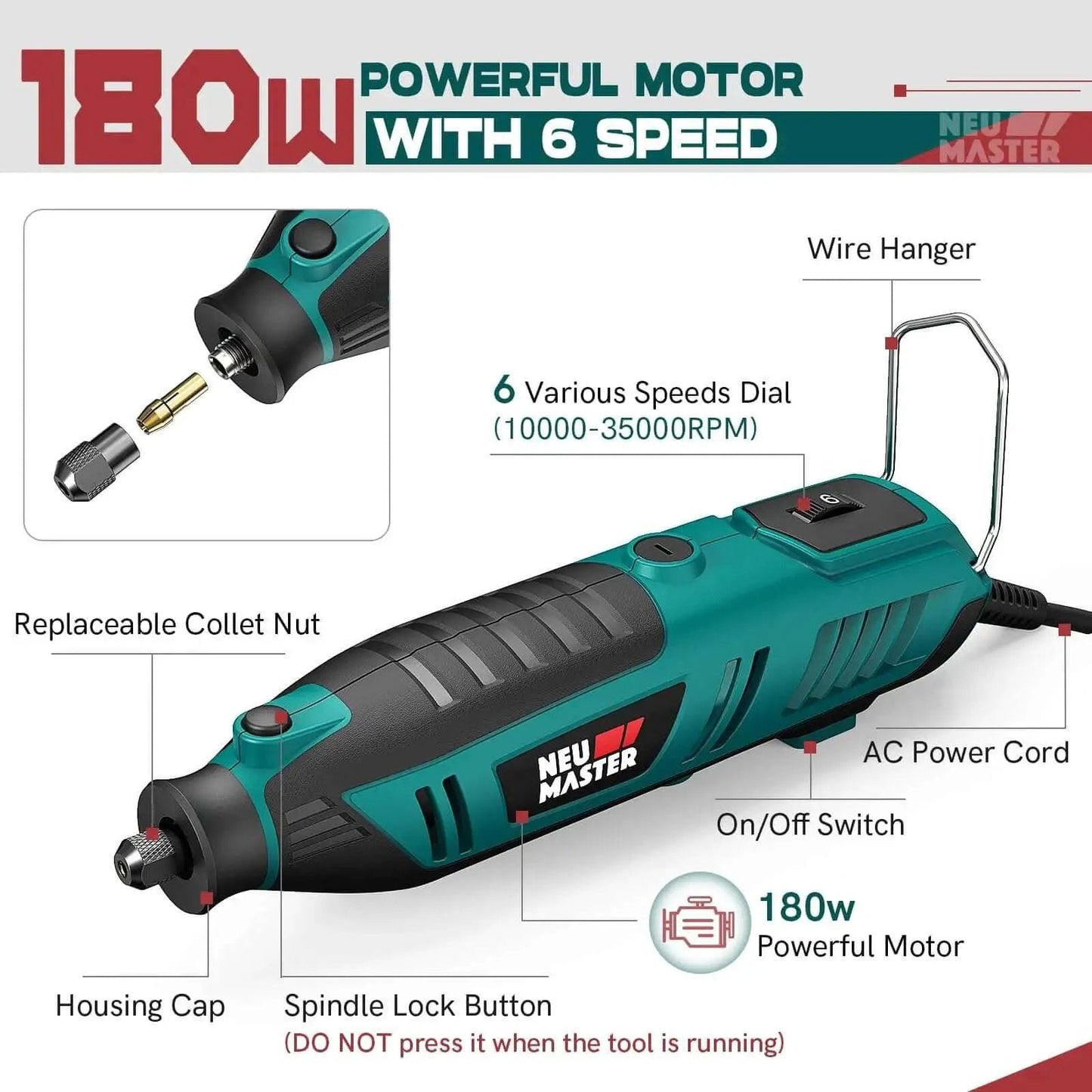 Powerful 180W Rotary Tool Kit With Corded Power 160 Accessories 6 Variable Speeds From 10000 To 35000 RPM with labels