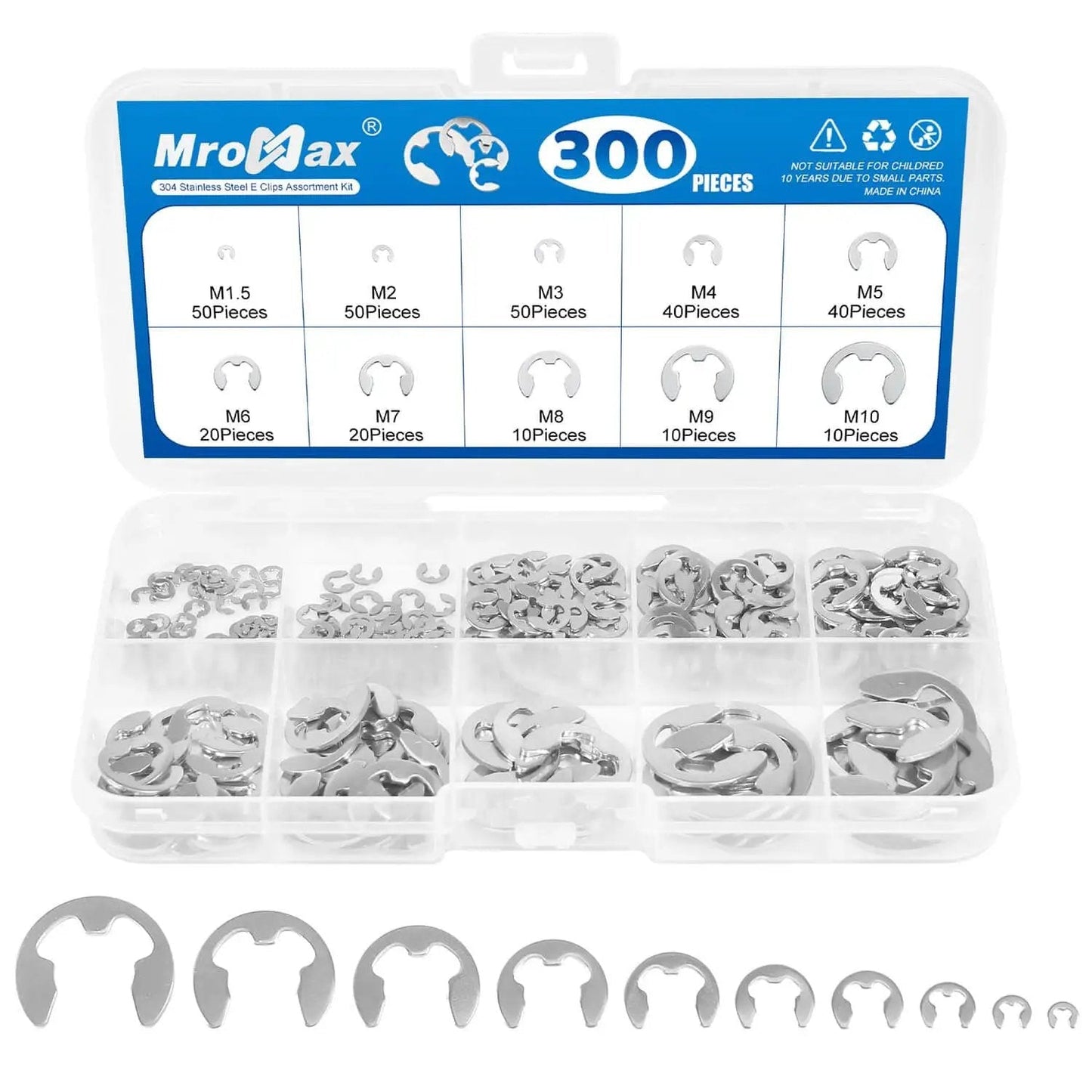 Beefy 300Pcs Stainless Steel E Clips Kit with 10 sizes M1.5 to M10, organized in a labeled storage box.