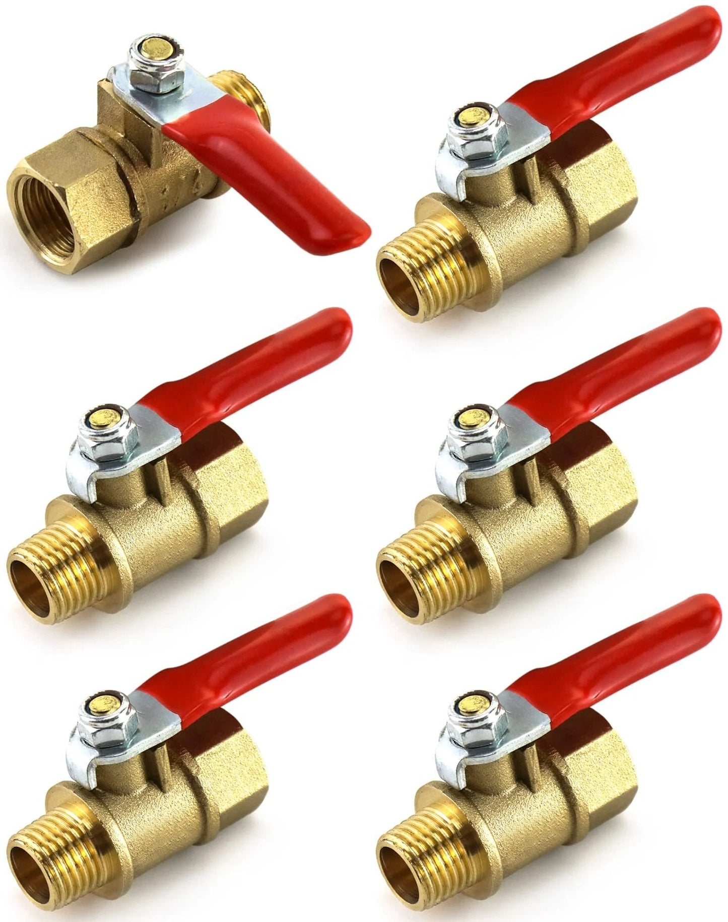 Heavy Duty Brass Ball Valve Pack Of Six With One Quarter Inch NPT Male To Female Threads For Air Water Oil Gas Applications