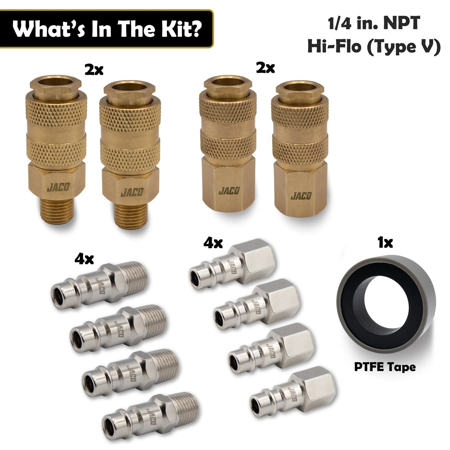 High Flow Quick Connect Air Hose Fittings Set Of Twelve With One Quarter Inch NPT Type V Plug And Coupler Kit For Air Compressors And Tools Brass Couplers And Alloy Plugs Durable Pneumatic Quick Disconnect with PTFE tape