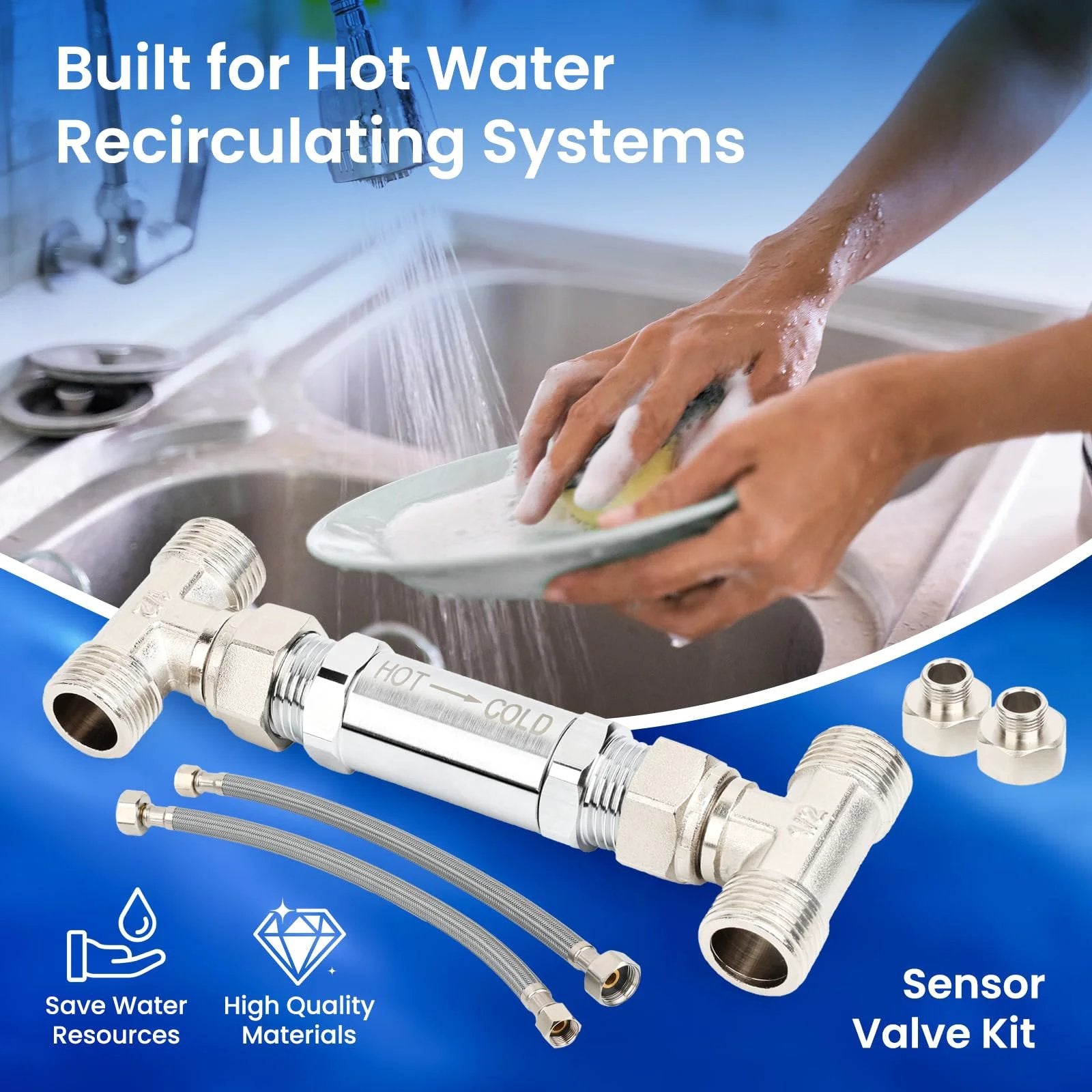 Smart Thermal Check Valve Kit For Hot Cold Water Recirculation Systems By Frutlait installed in kitchen sink with hoses and fittings