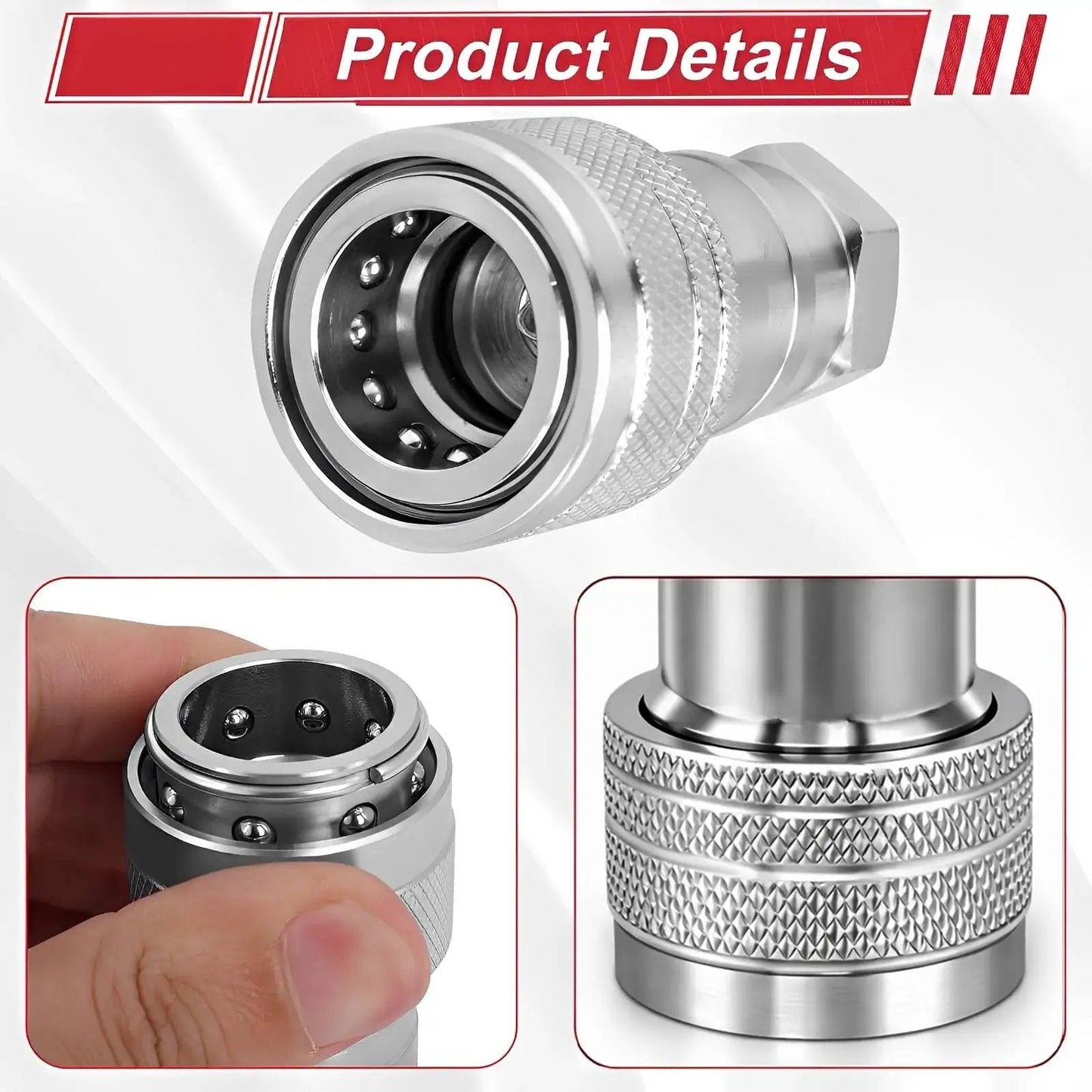 Close-up view of Two Pack One Half Inch Agricultural Hydraulic Quick Connect Couplers With Dust Caps ISO 5675 Pioneer Poppet Style for Farm Use