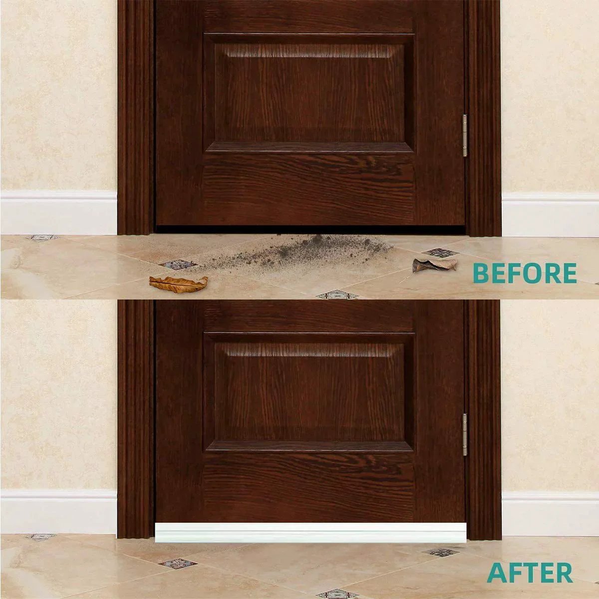 Before and after installation of 2 Inch By 39 Inch Self Adhesive Door Draft Stopper For Exterior And Interior Doors Weather Stripping Seal Door Sweep Noise Reduction Energy Saving Saves You Money Keeps Cold Air Out Fits Gaps Up To 1 Inch White