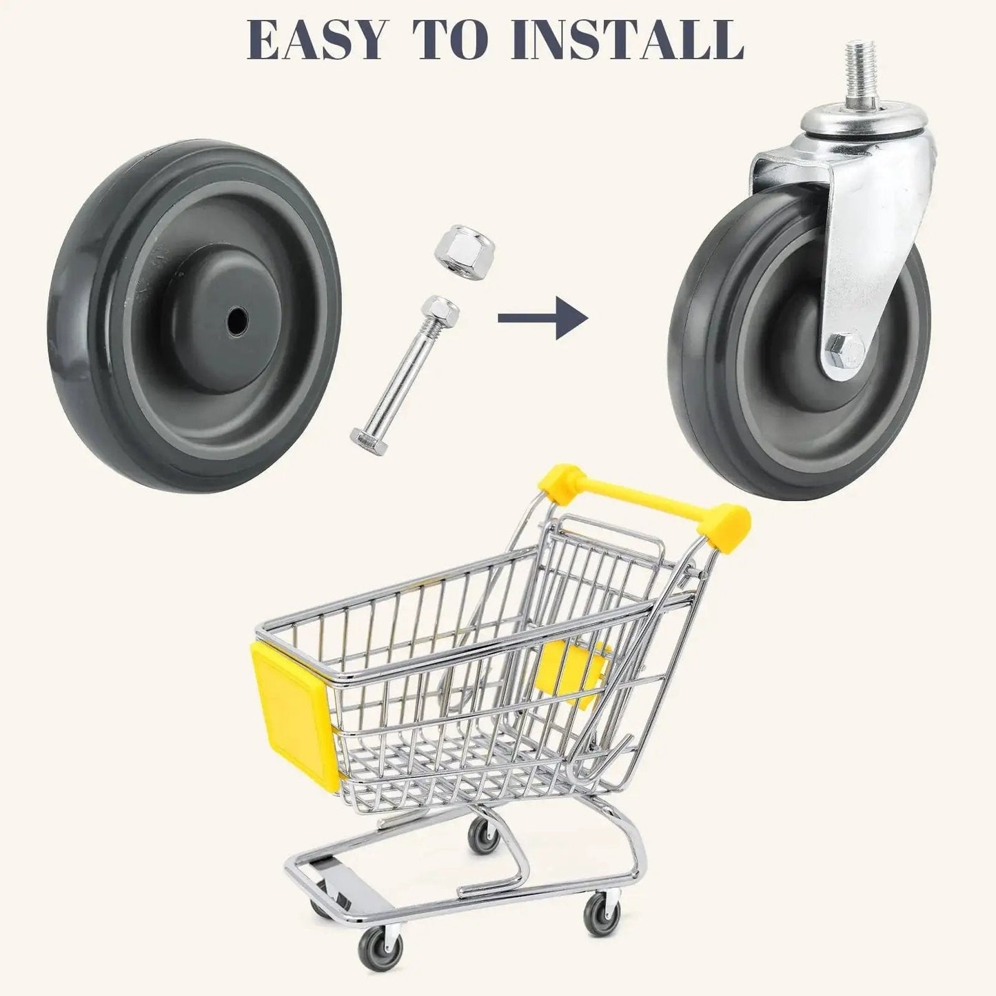 5 Inch Shopping Cart Caster Wheel Replacement Kit With Polyurethane Stepped And Full Tread Face Wheels And Hardware TPU Silent Supermarket Wheels High Density Carbon Steel Components Durable And Chemical Resistant 4 Pack Grey, showing wheels and shopping cart.