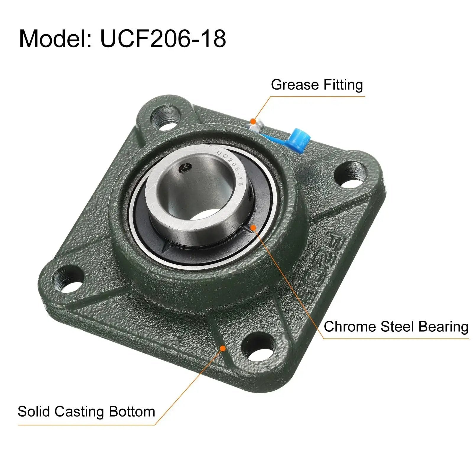 Pillow Block Bearing UCF206-18 With One And One Eighth Inch Bore Self Alignment In Solid Cast Iron Base Chrome Steel Sealed Bearings