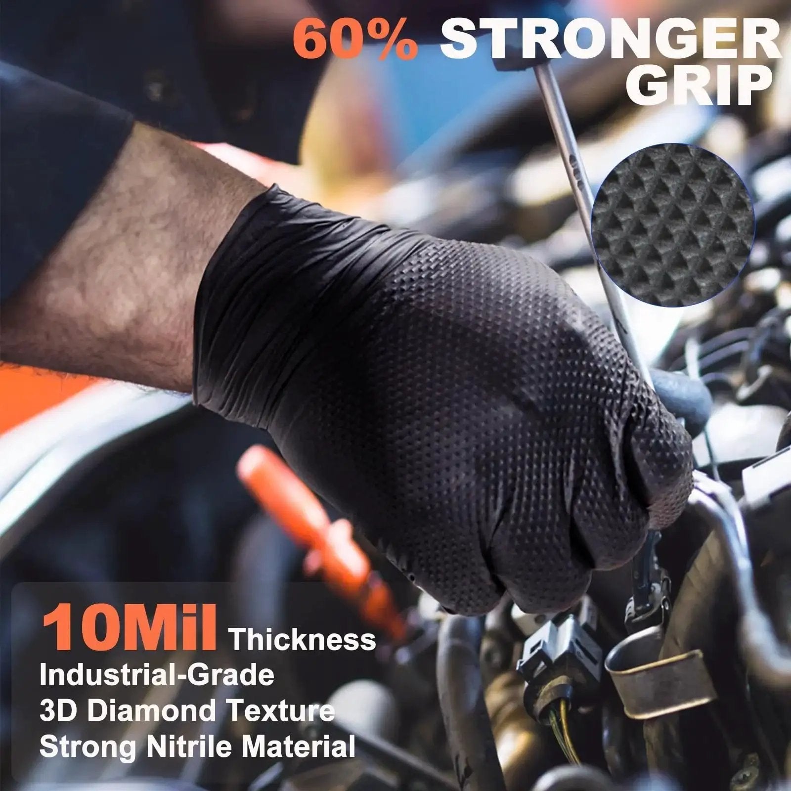 Heavy Duty Nitrile Gloves 10 Mil Black With Diamond Grip Chemical Resistant used in auto repair