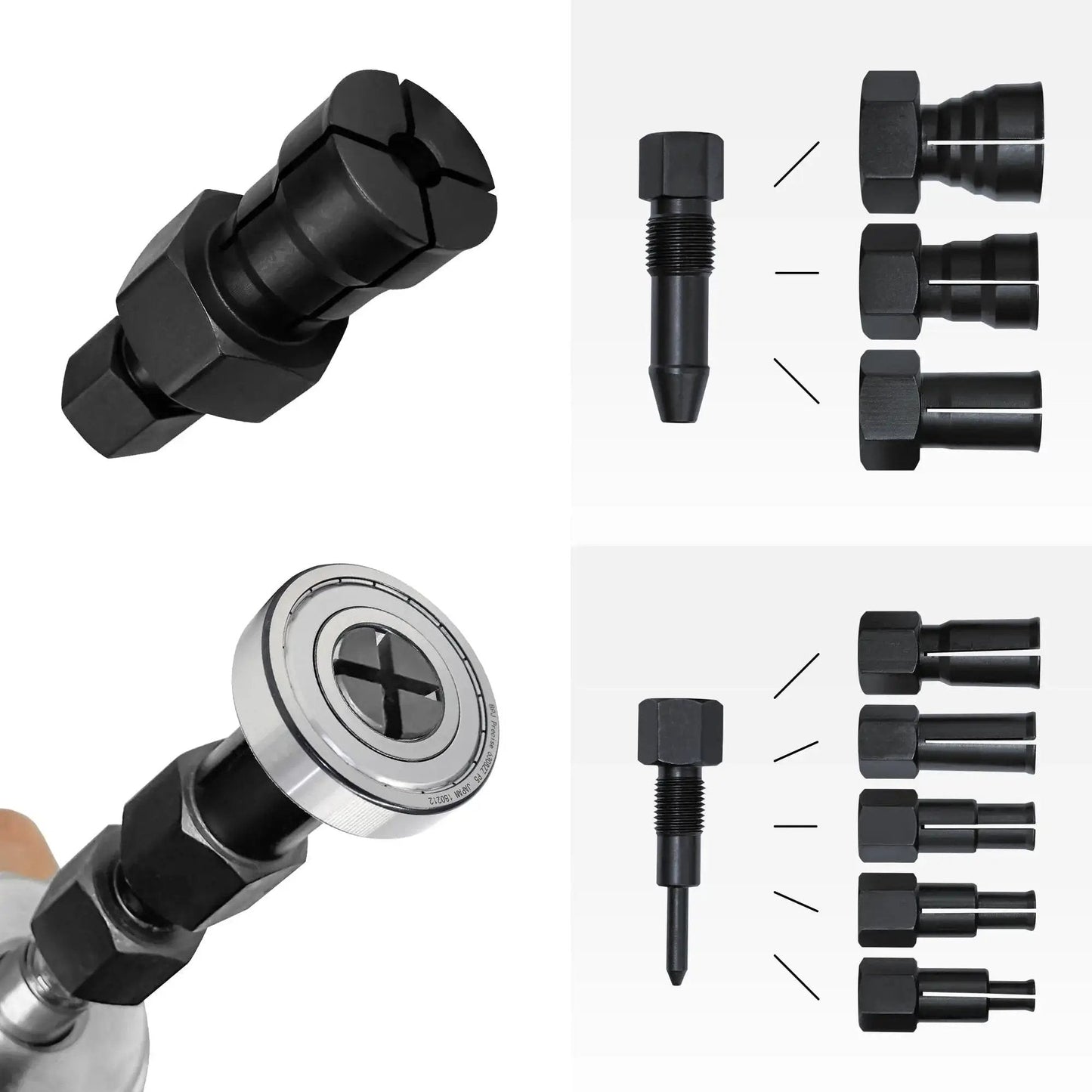 Motorcycle Bearing Puller Kit with Blind Puller and Slide Hammer Set showing components and collet dimensions