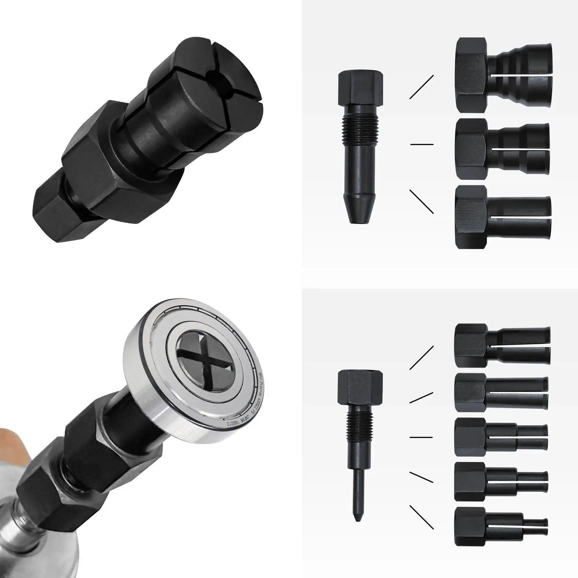 Motorcycle Bearing Puller Kit with Blind Puller and Slide Hammer Set showing components and collet dimensions