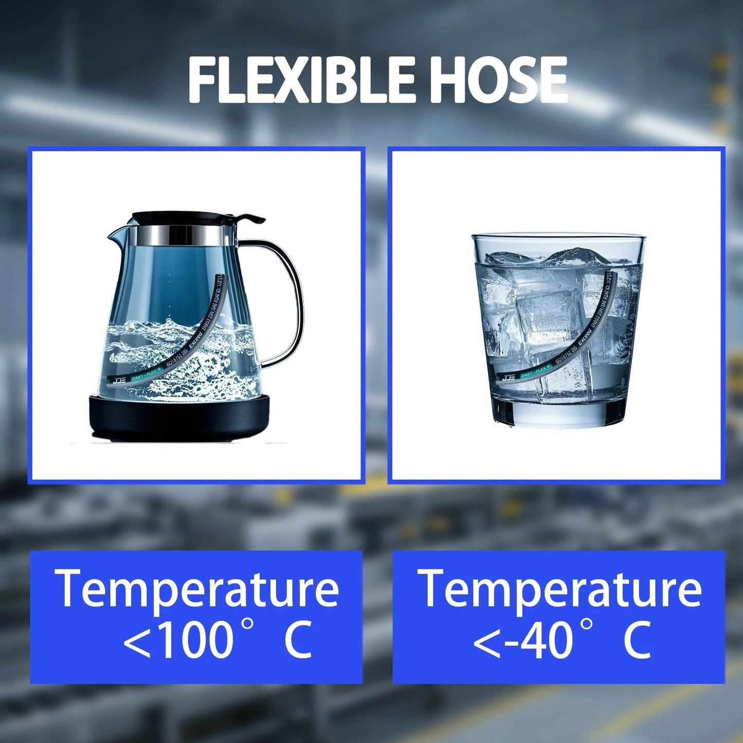 One Half Inch Hydraulic Hose With Male NPT Ends, 18 Inch Long, High Pressure 3988 PSI, shown in various temperature settings