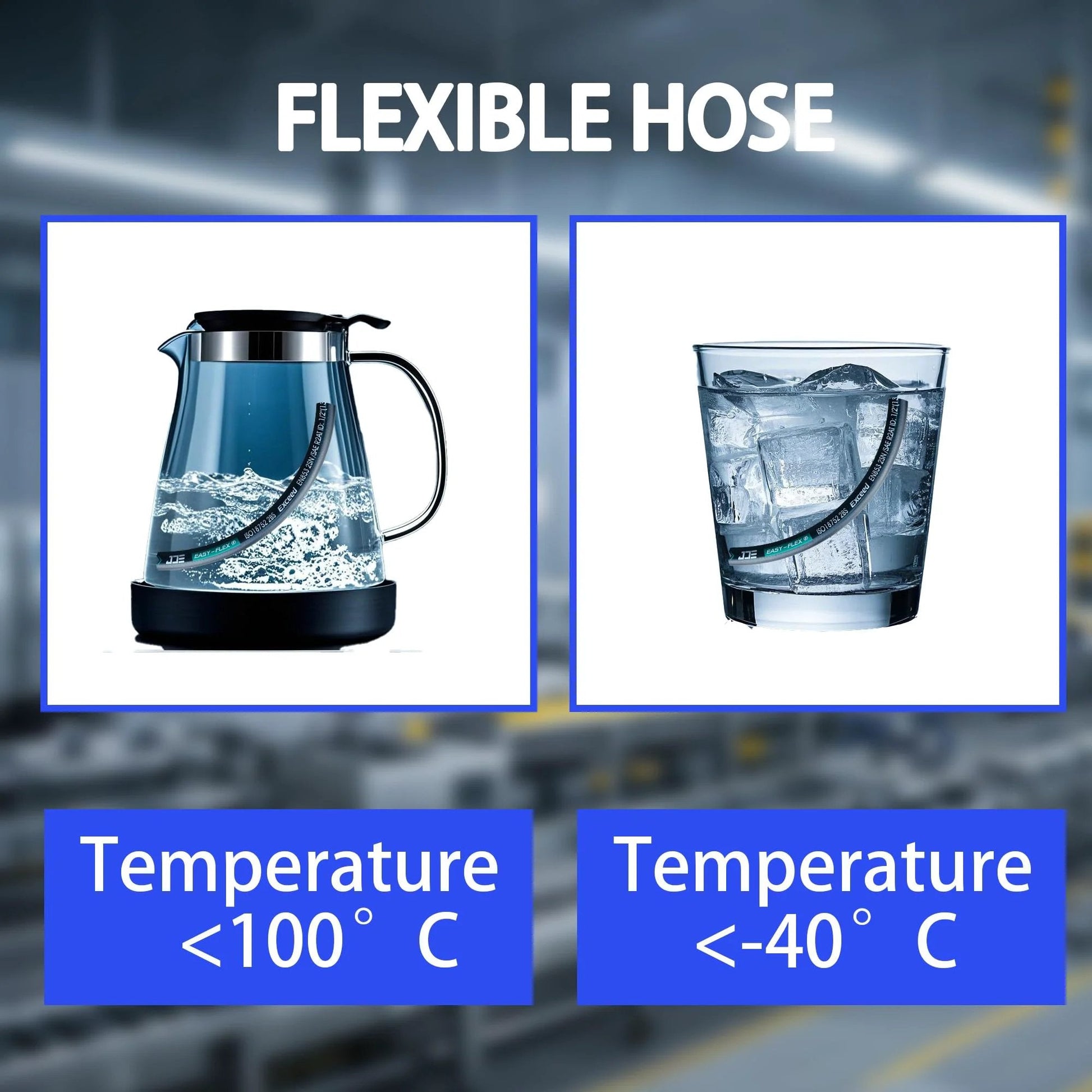 Flexible hose demonstration with boiling kettle and iced glass showing temperature tolerance from -40°C to 100°C.