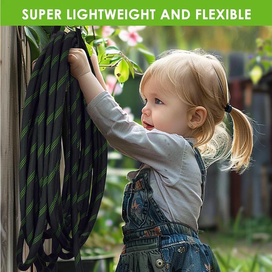 Child holding Ultra Lightweight Non Expanding Garden Hose 100 Ft With 10 Pattern Spray Nozzle Kink Free Leak Proof 3750D