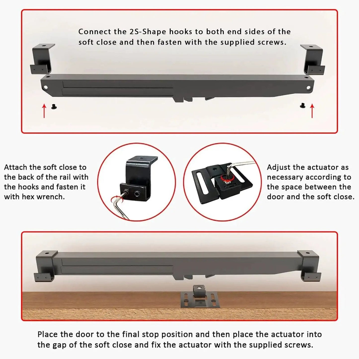 Installation steps for Hole-Free Barn Door Soft Close Mechanism, Upgraded Sliding Door Hardware With Spring Buffer Damper shown.