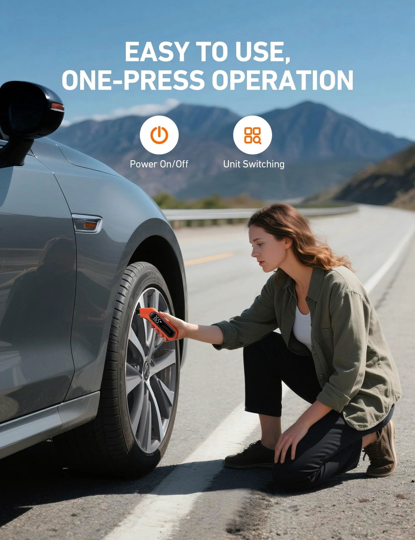 Person using Digital Tire Pressure Gauge 3-300 PSI With Backlit Display And Flashlight on car tire, alongside open road