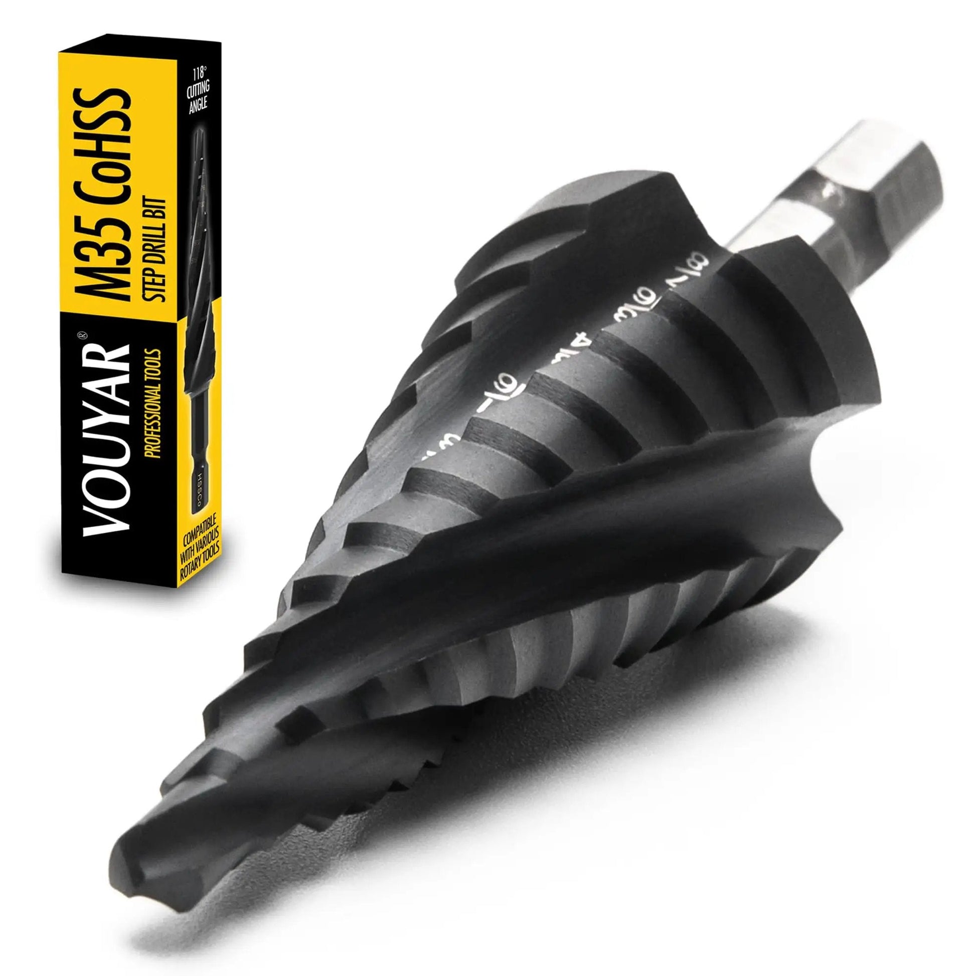 Four Spiral Flute Cobalt Step Drill Bit For Metal And Plastic, Twelve Step Unibit From Three Sixteenth To Seven Eighths Inch With M35 TiAlN Coating And One Quarter Inch Hex Shank