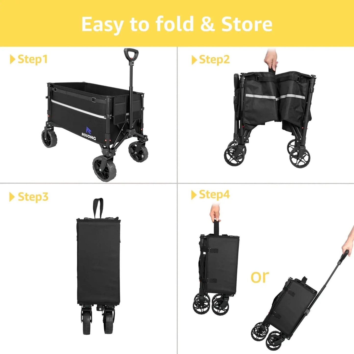 Collapsible Wagon Cart With 360 Degree Front Wheels 120L showing folding steps for easy transport and storage.