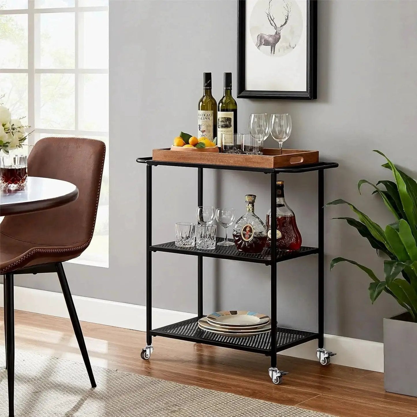 Bar cart with glasses and bottles using 1 Inch M6 Threaded Stem Casters Set Of 4 Heavy Duty Swivel Wheels with Brakes