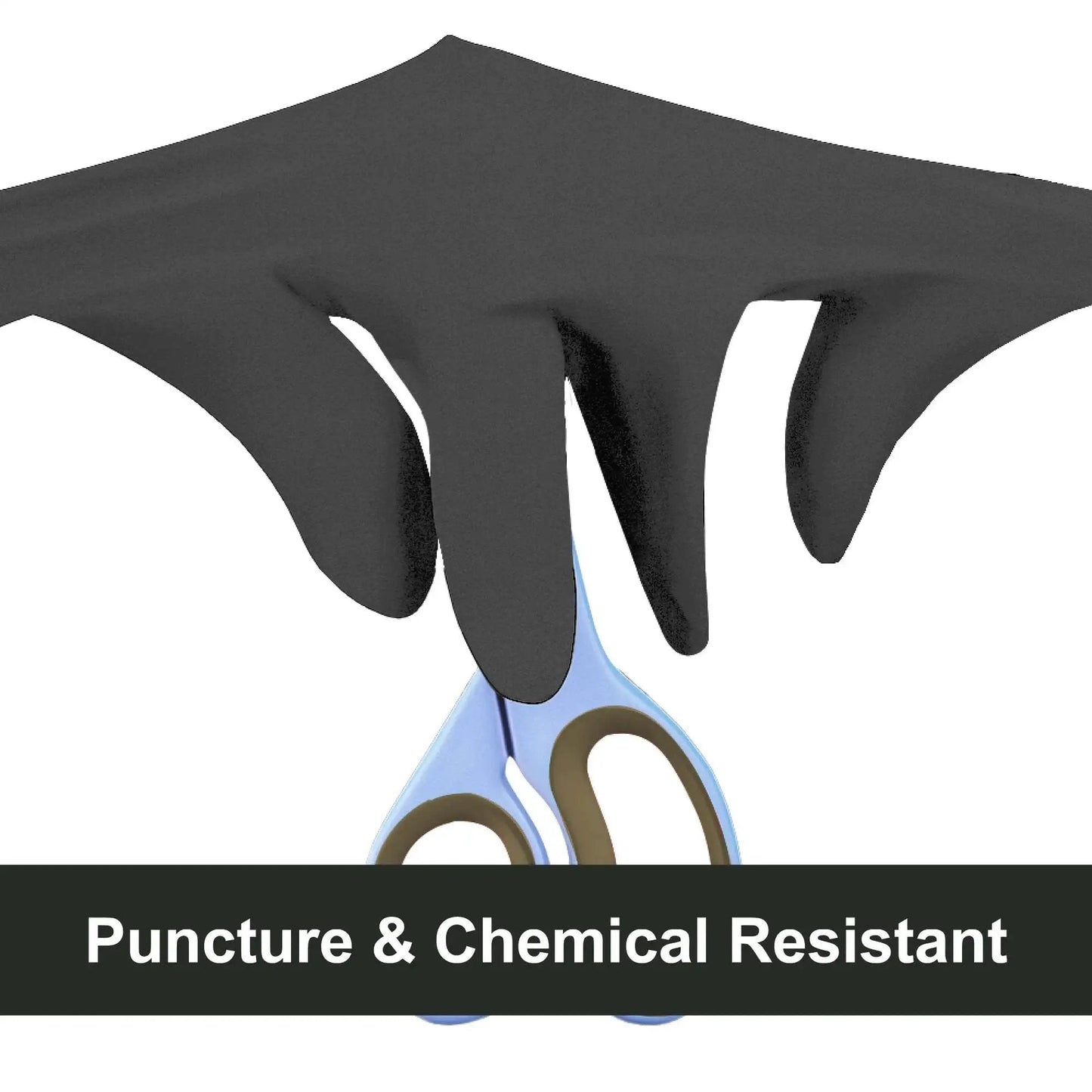 XL Black Nitrile Gloves 5 Mil Disposable For Food Prep And Cleaning 1000 Count showing puncture resistance with scissors