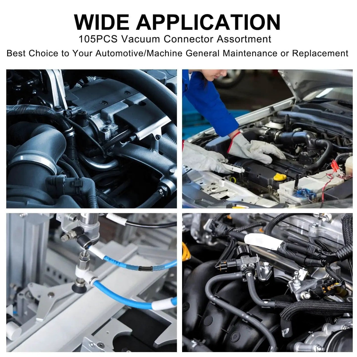 105 Piece Automotive Vacuum Connector Kit With 12 Sizes From 1 8 Inch To 3 8 Inch Nylon Vacuum Tubing Connectors in engine bay