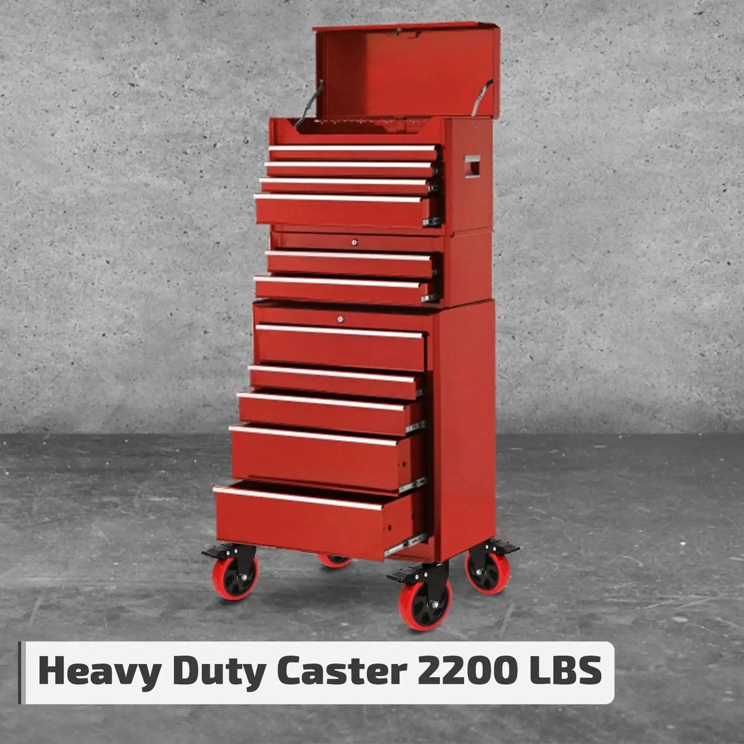 Red toolbox on 5 inch industrial swivel caster wheel set of 4 with brakes heavy duty top plate casters 2200 lb load capacity