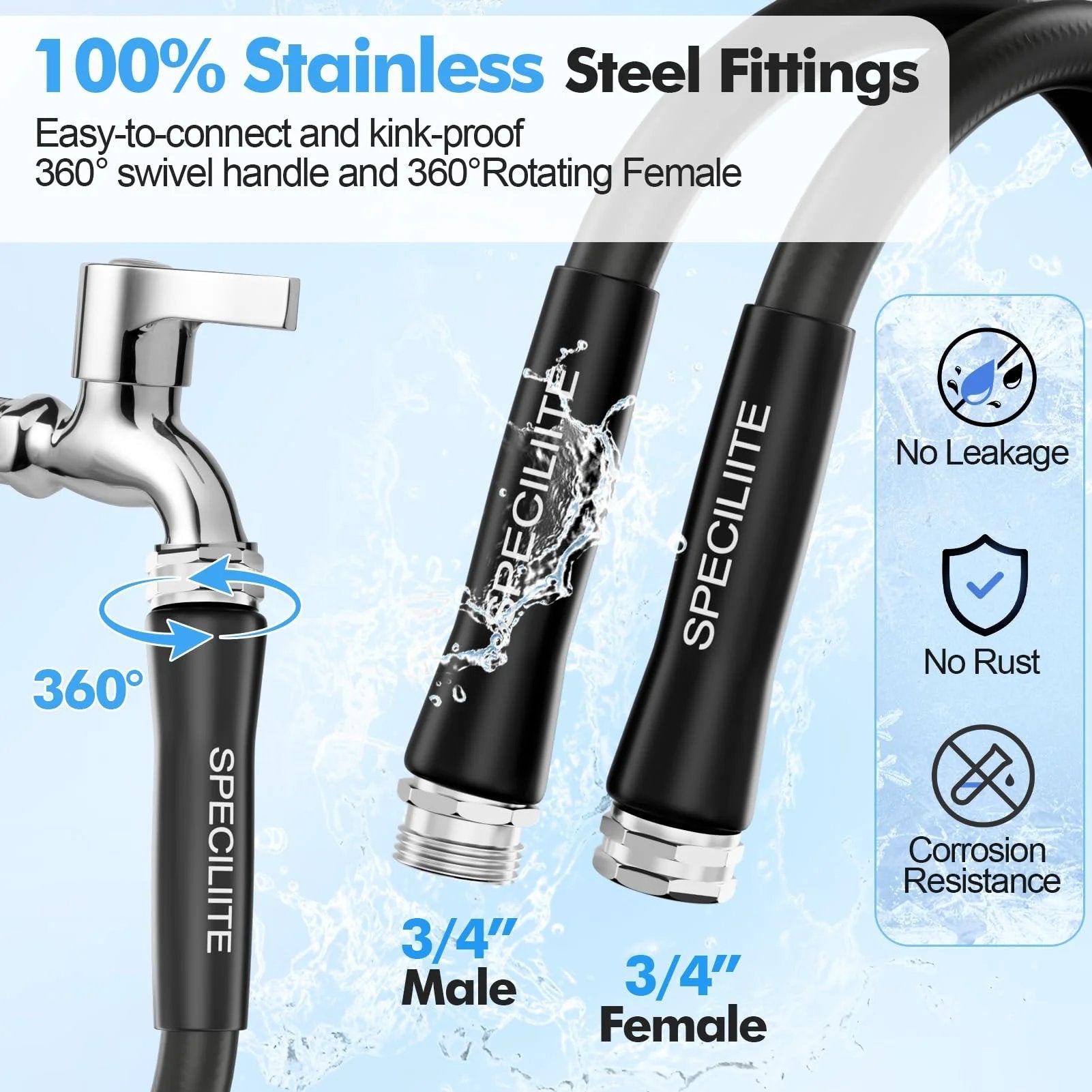 Heavy Duty 50 Foot Black Garden Hose With High Flow Nozzle For Yard And Farm Flexible Rubber Construction That Withstands Minus 50 To 158 Degrees Fahrenheit And Features Three Quarter Inch Stainless Steel Fittings SPECILITE showing 3/4 inch stainless steel fittings
