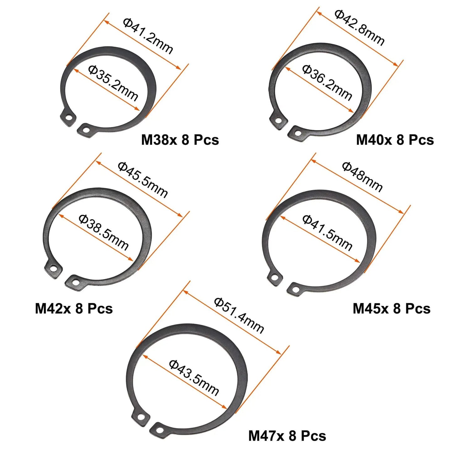 External Retaining Ring Kit 88 Pcs 11 Sizes Carbon Steel Snap Ring Assortment with measurements for shaft applications