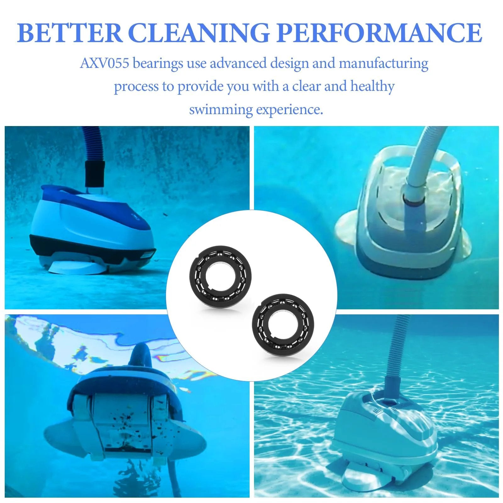 AXV055P Turbine Bearings Replacement Pack For Hayward Pool Vac Cleaners Navigator Ultra shown with pool cleaners in action.