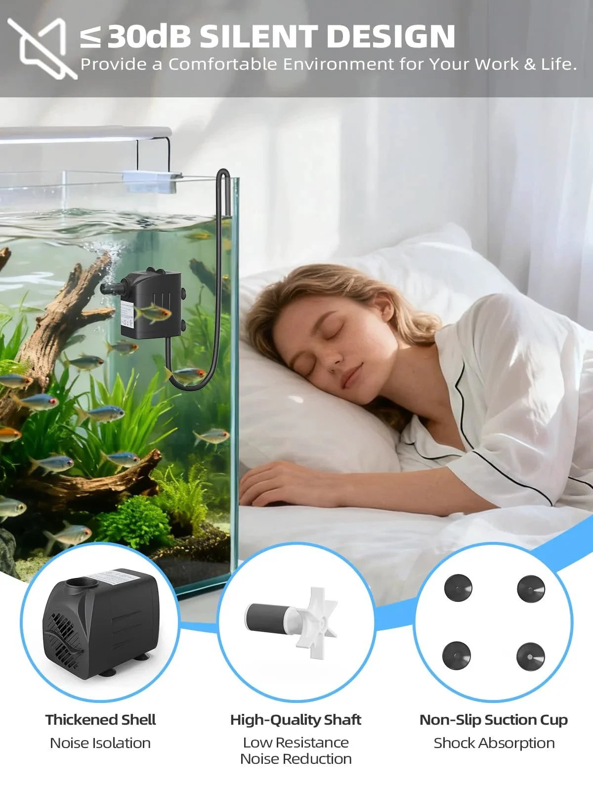 Woman sleeping peacefully near aquarium with Ultra Quiet 400GPH Submersible Water Pump For Pond, Fountain, Aquarium, And Hydroponics.