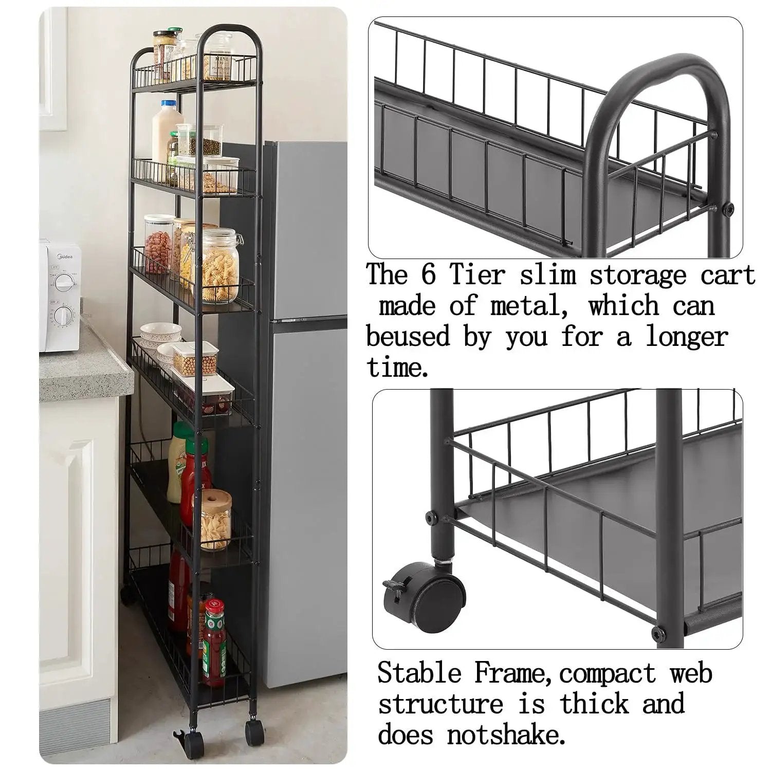Six Tier Ultra Slim 6 Inch Depth Rolling Storage Cart On Wheels With Handle For Narrow Spaces Ideal Between Appliances
