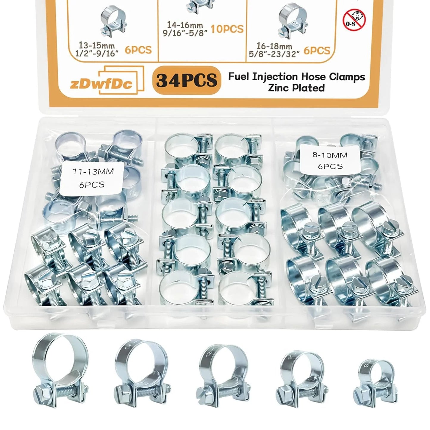 34 Piece Fuel Injection Hose Clamp Kit For Auto Diesel Petrol Engines DIY Friendly Range Eight To Eighteen Millimeter Zinc Plated Rust Resistant Hose Clamp Set in a box with assorted sizes.