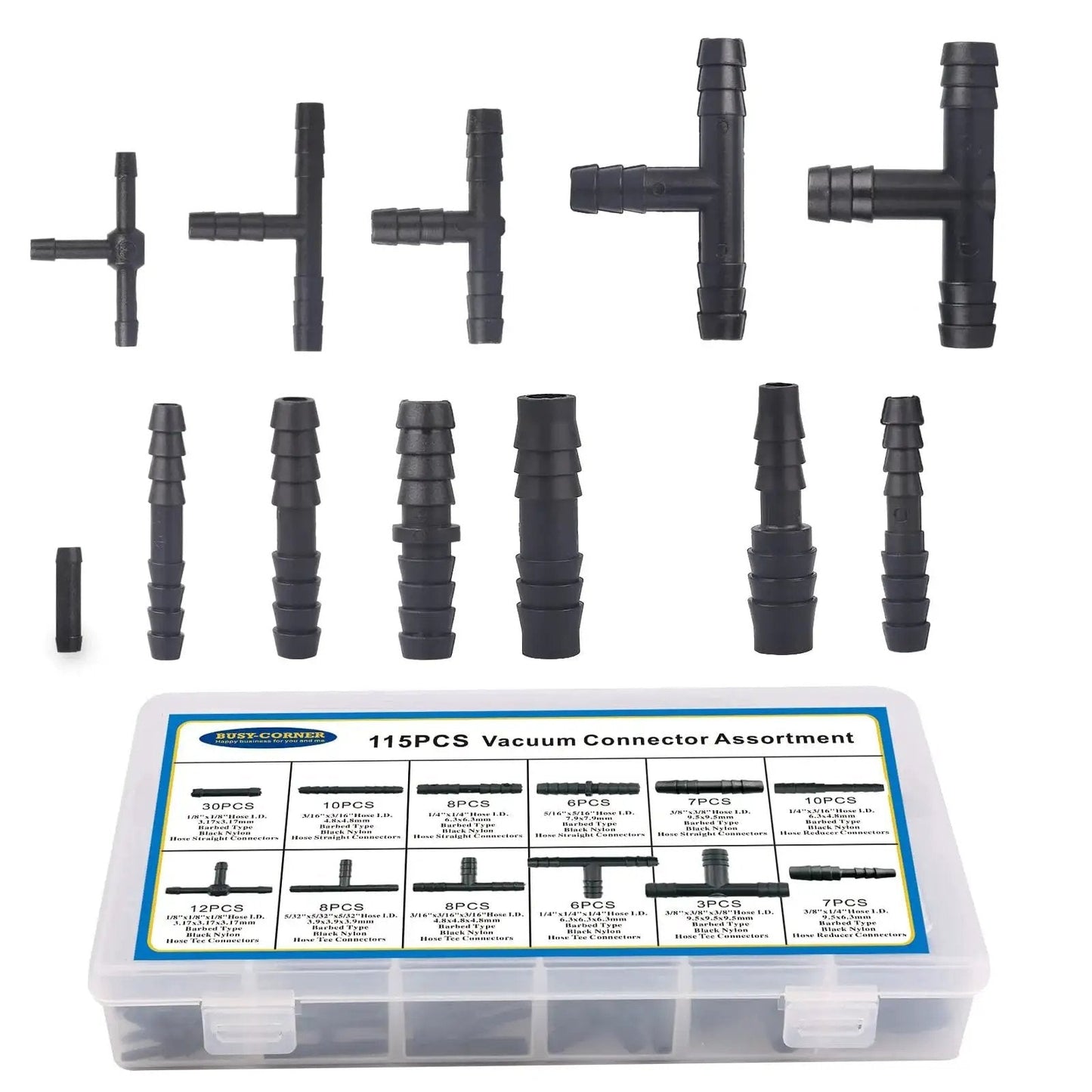 Heavy Duty Nylon Vacuum Connector Kit For Automotive Hoses 240C 460F Heat Resistant 115 Piece Assortment Including Tee Reducer And Straight Connectors Fit Nylon 66 Tubing For Cars By Busy Corner showing connectors and packaging