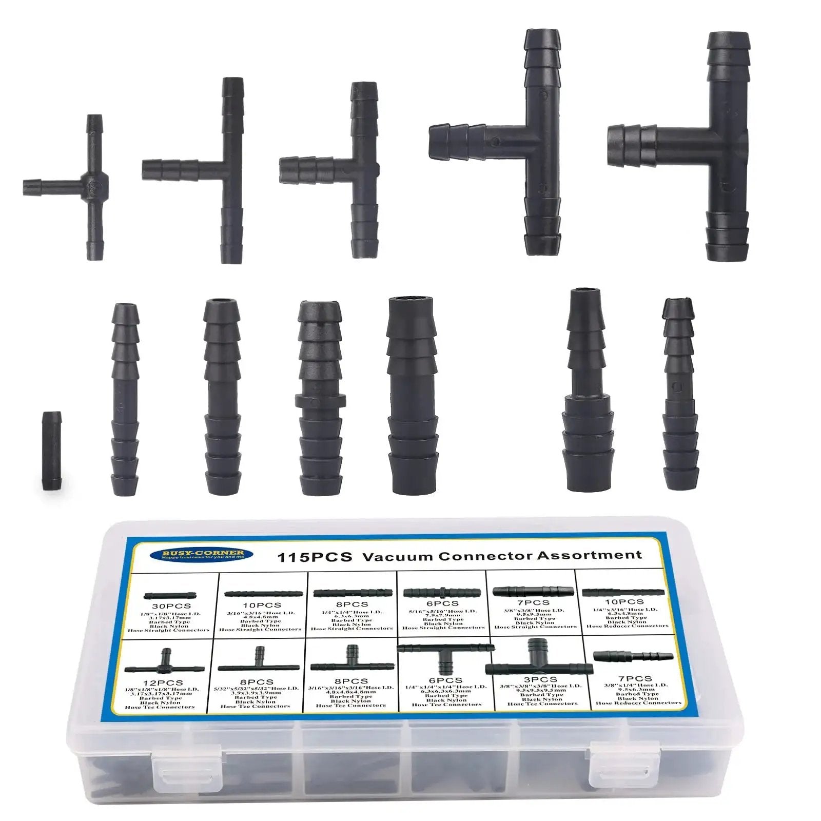 Heavy Duty Nylon Vacuum Connector Kit For Automotive Hoses 240C 460F Heat Resistant 115 Piece Assortment Including Tee Reducer And Straight Connectors Fit Nylon 66 Tubing For Cars By Busy Corner showing connectors and packaging