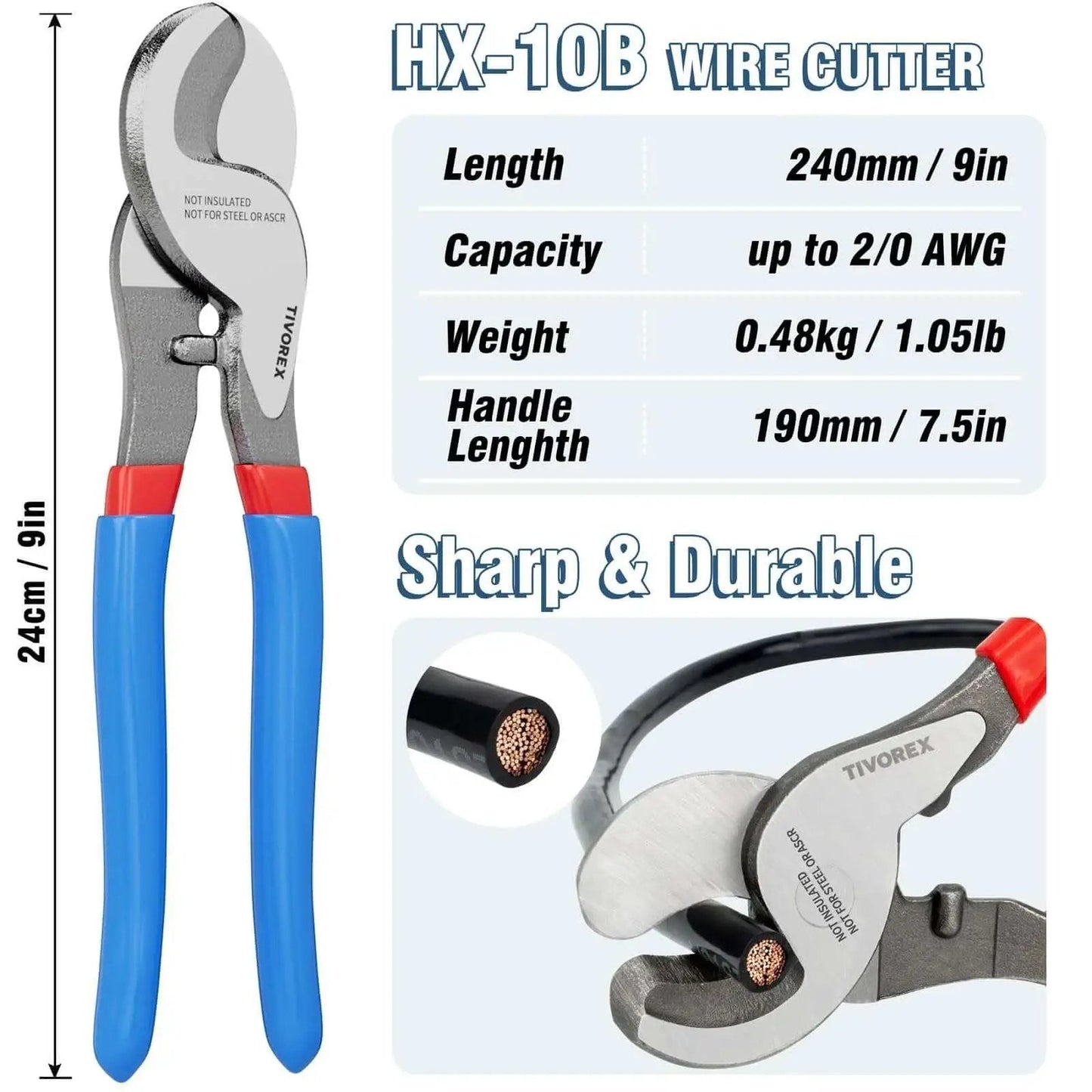 No Fuss Battery Lug Crimping Tool For AWG 10 To 1 0 Wire With Built In Cable Cutter Plus 64 Ring Terminals And 70 Heat Shrink Tubes Kit By Tivorex, HX-10B wire cutter specifications and close-up