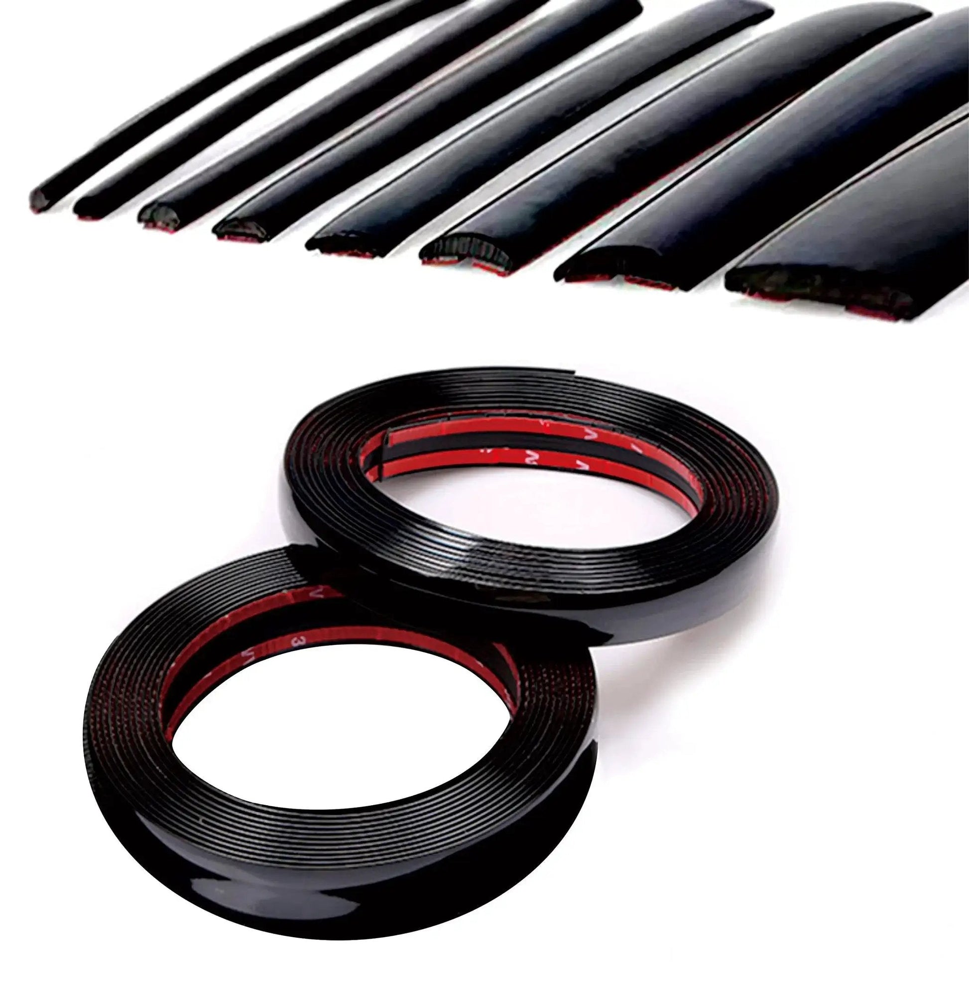16 Foot Glossy Black Car Exterior Interior Molding Trim Self Adhesive Universal in coiled roll showing strip sizes