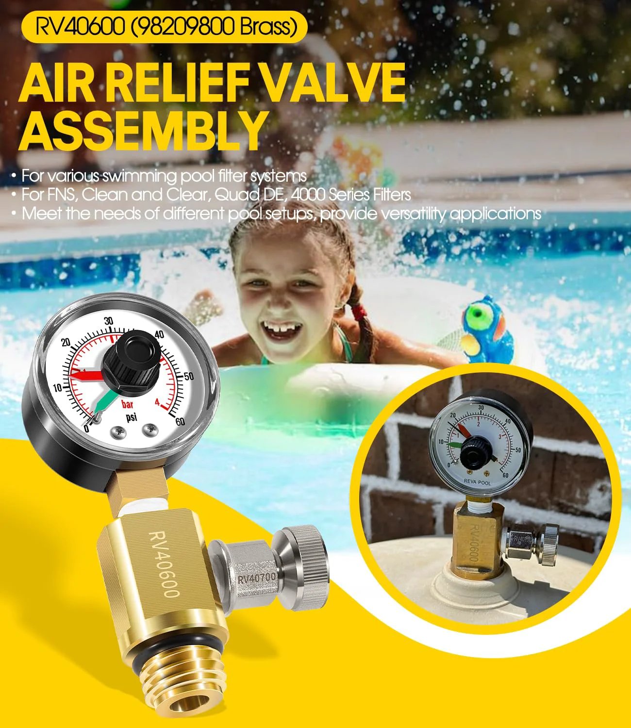 High Flow Manual Relief Valve For Pool And Spa Filters With Pressure Gauge DearChan Brass Assembly 98209800 RV40600