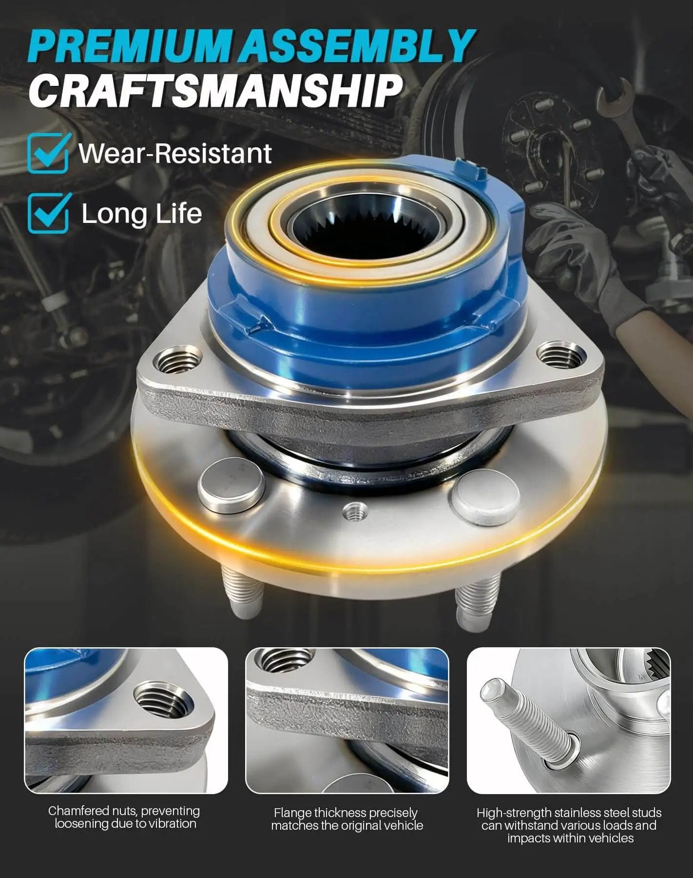 2-Pack Sealed Front Wheel Hub Bearing Assembly 513121 5-Lug w/ ABS OE Fit, durable wear-resistant design shown with features highlighted